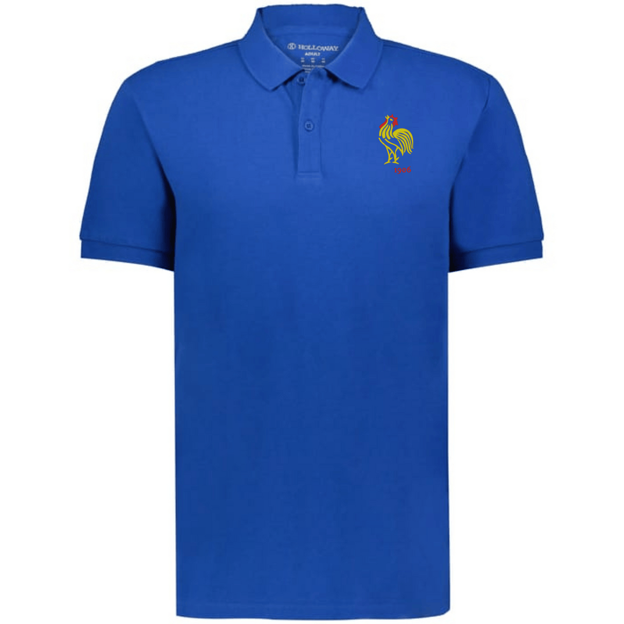 The EMB Augusta Nations of Rugby France Vintage Polo is a blue short-sleeve cotton polo featuring a small yellow embroidered rooster logo on the left chest, inspired by classic French rugby style.
