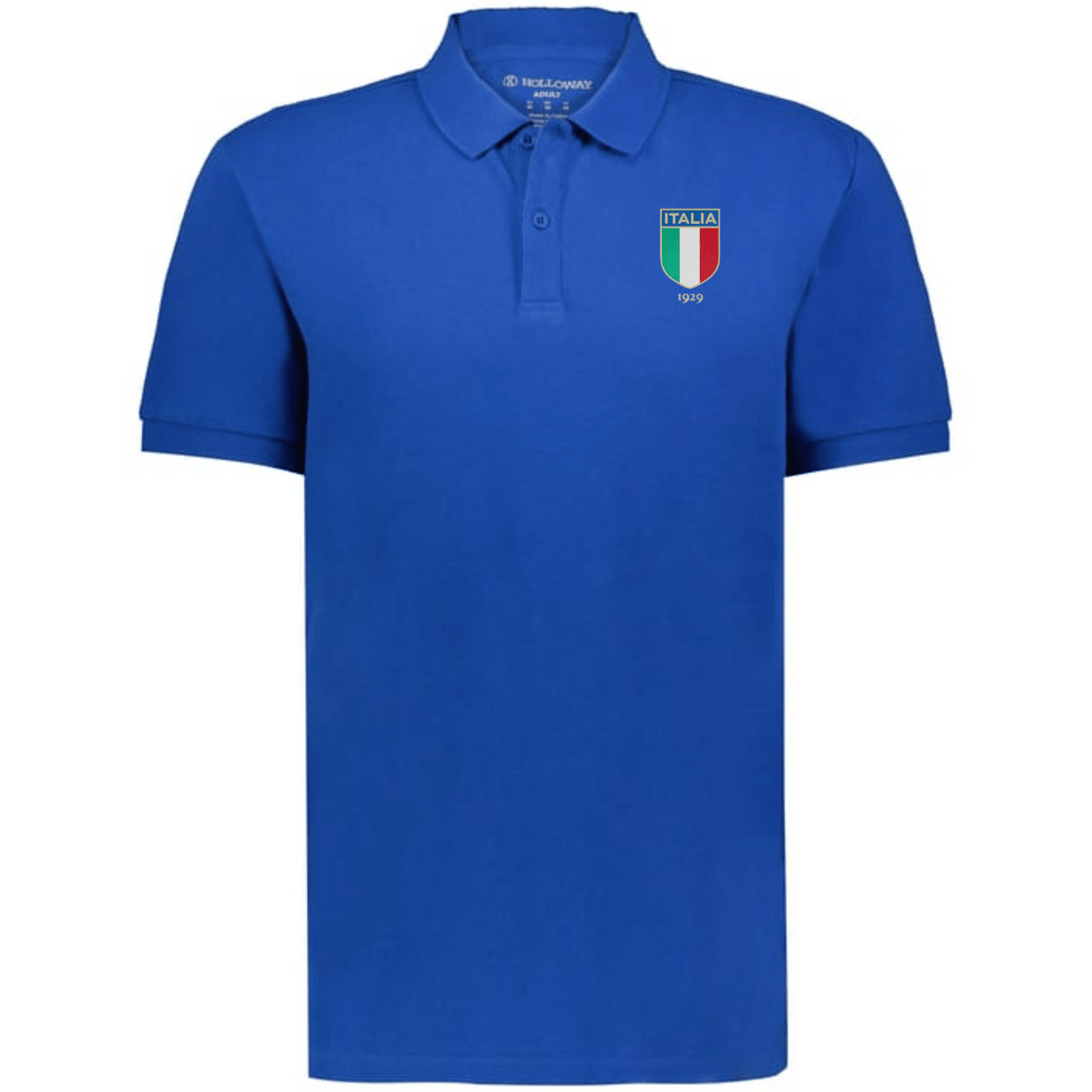 The EMB Augusta Nations of Rugby Italy Vintage Polo is a blue, short-sleeved cotton pique polo with a collar, buttons, an “Italia” crest, and 1919 on the left chest—evoking classic Italy rugby style.