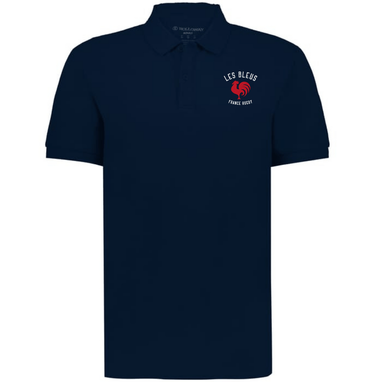 The EMB Augusta Nations of Rugby Les Bleus Vintage Polo features a navy blue design with a small "LES BLEUS" logo, rooster emblem, and "FRANCE RUGBY" text on the left chest—a timeless tribute to classic rugby style.