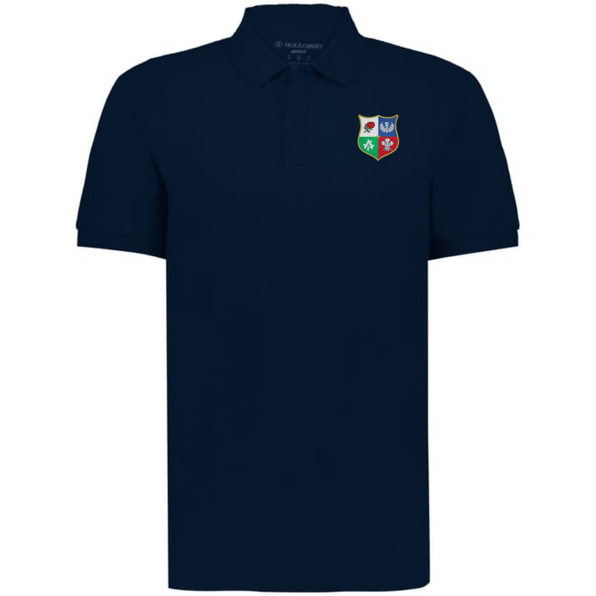 The EMB Augusta Nations of Rugby British & Irish Lions Vintage Polo is a navy shirt with a multi-colored four-symbol crest on the left chest, inspired by classic Lions rugby style.