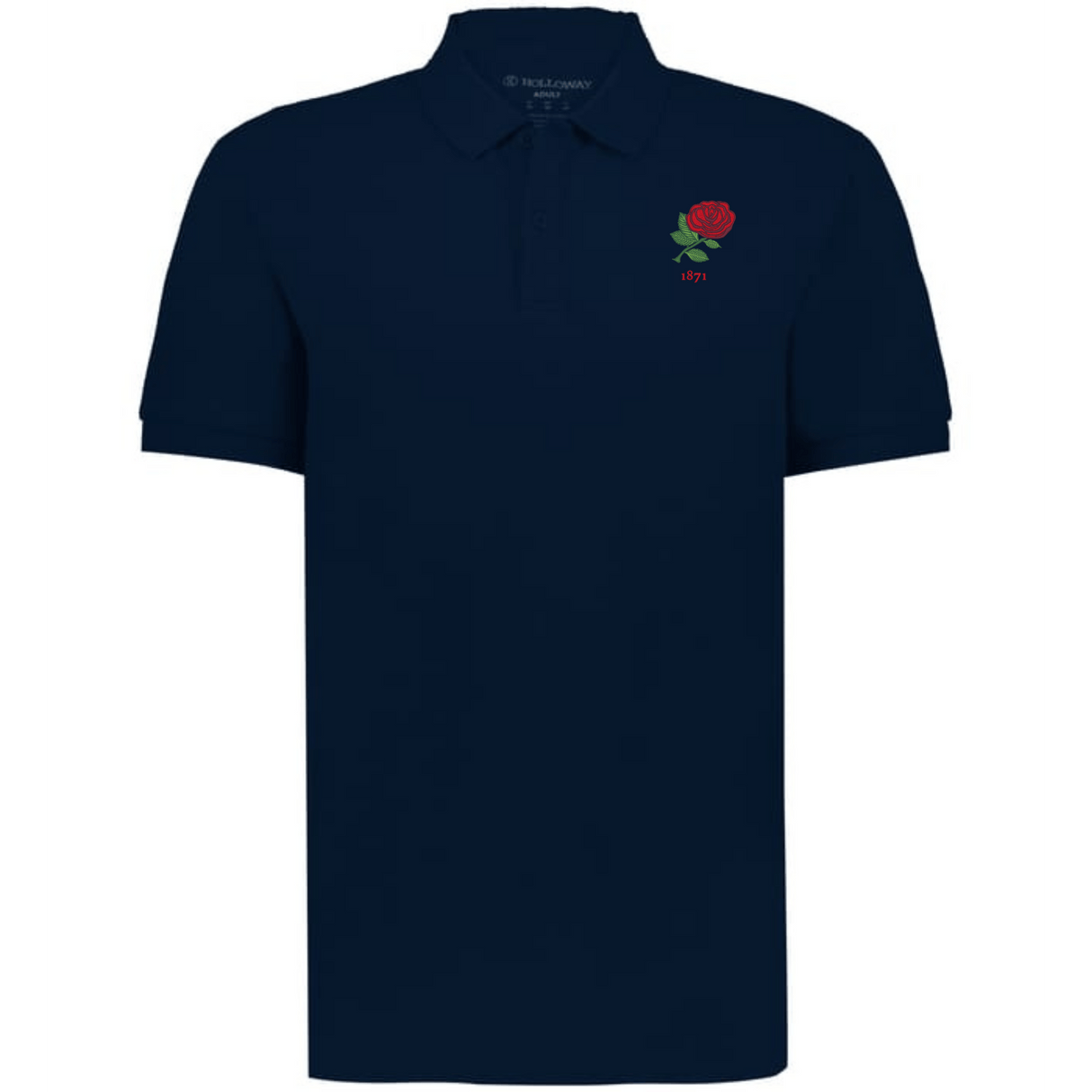 The EMB Augusta Nations of Rugby England Vintage Polo is a navy blue cotton rugby shirt featuring a small red rose and "1971" embroidered on the upper left chest, inspired by classic rugby styles.