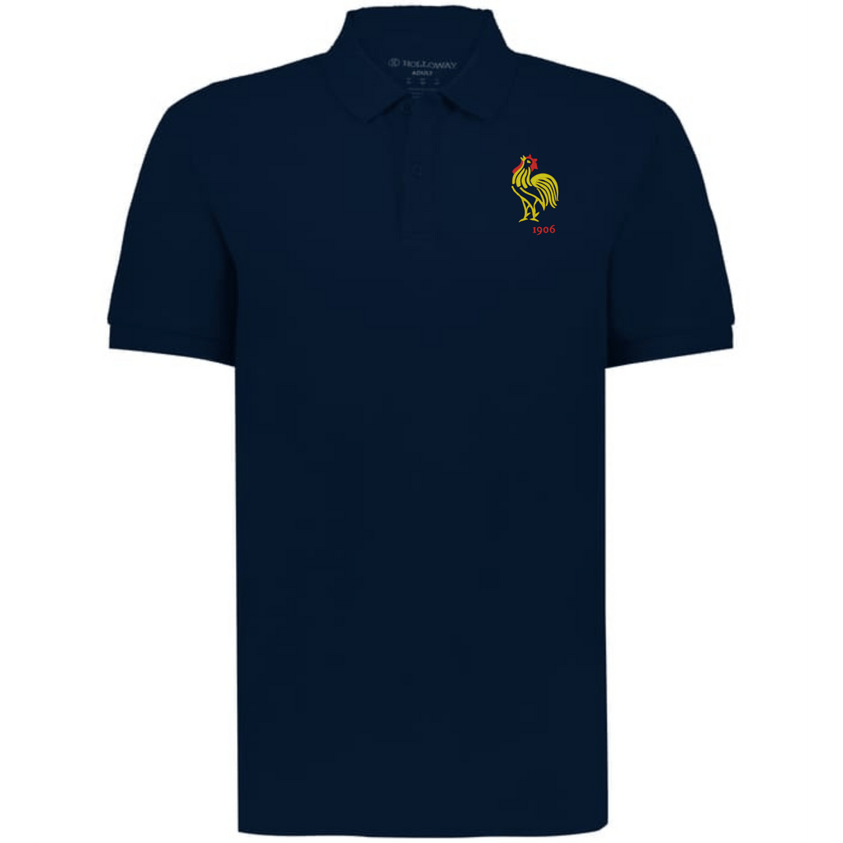 The EMB Augusta Nations of Rugby France Vintage Polo is a navy blue cotton rugby shirt with a yellow, red, and green rooster logo and "1906" text on the left chest—a classic tribute to French rugby style.