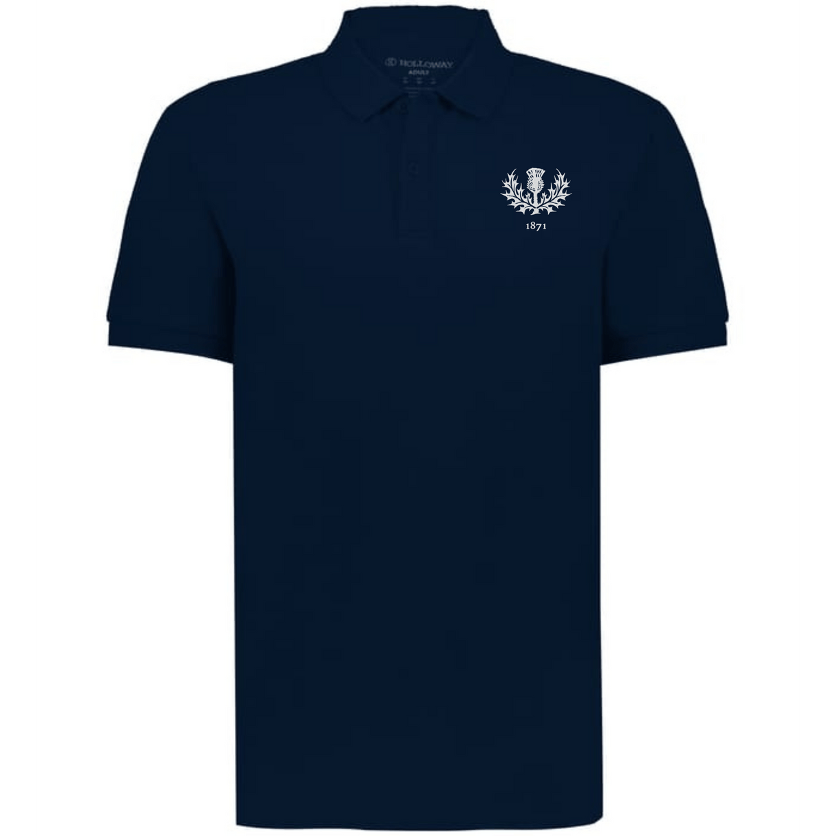 The EMB Augusta Nations of Rugby Scotland Vintage Polo is a navy shirt featuring a white embroidered crest and "1871" on the left chest, inspired by classic Scottish rugby style.