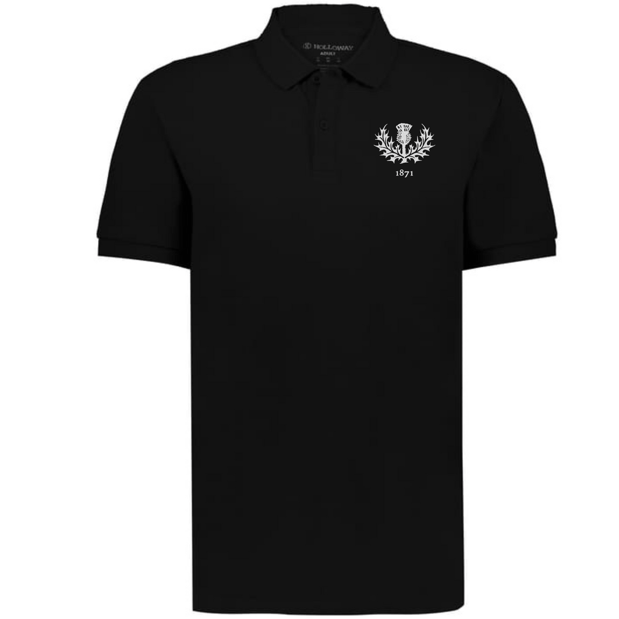 The EMB Augusta Nations of Rugby Scotland Vintage Polo is a black short-sleeve shirt with a white embroidered crest and "1871" on the chest, featuring a classic collar and placket—ideal for rugby fans or admirers of Scotland’s sporting heritage.