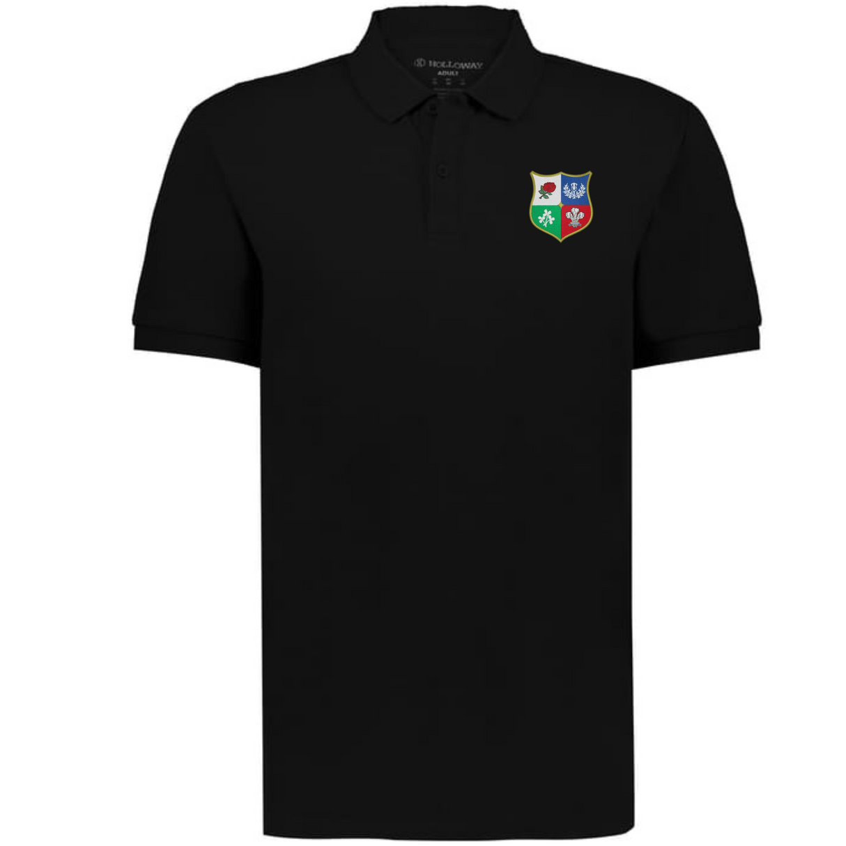 The EMB Augusta Nations of Rugby British & Irish Lions Vintage Polo is a black polo featuring a small multicolored four-symbol crest on the left chest, inspired by classic rugby heritage.