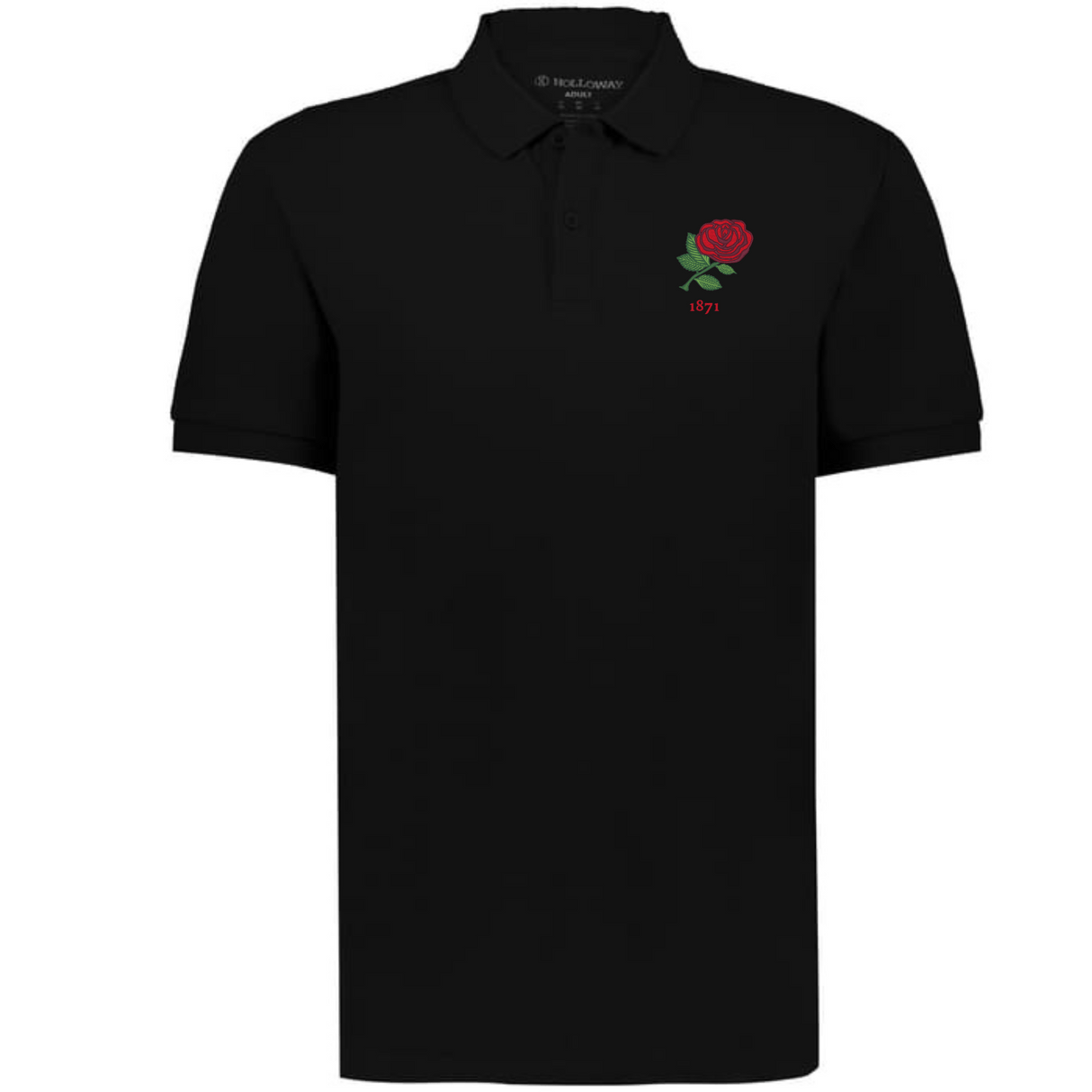 The EMB Augusta Nations of Rugby England Vintage Polo features black cotton with a red rose and "1871" embroidered on the upper left chest, inspired by classic rugby shirt designs.