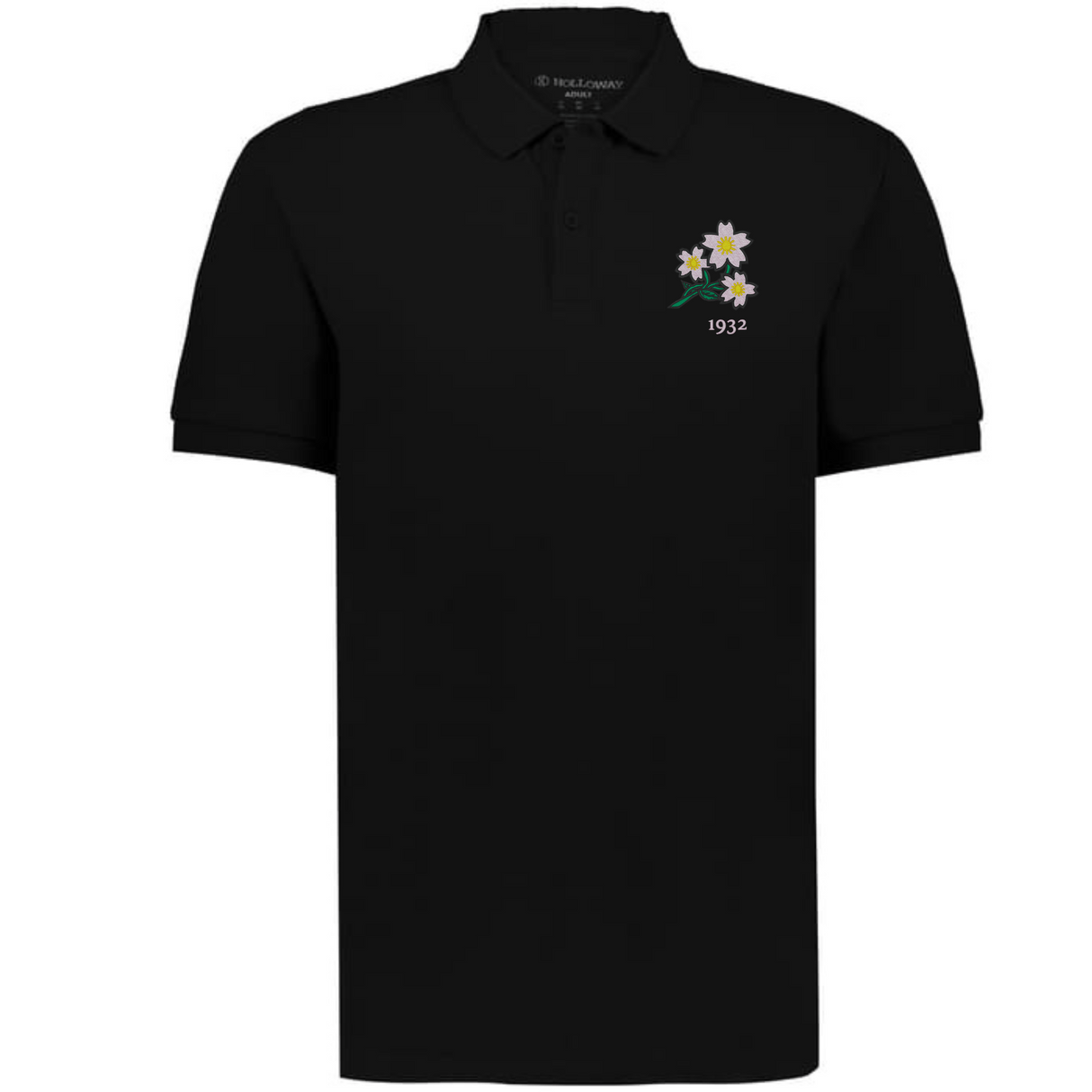 The EMB Augusta Nations of Rugby Japan Vintage Polo is a black cotton rugby shirt with a small cluster of white and yellow flowers and "1932" on the left chest, inspired by classic rugby designs.