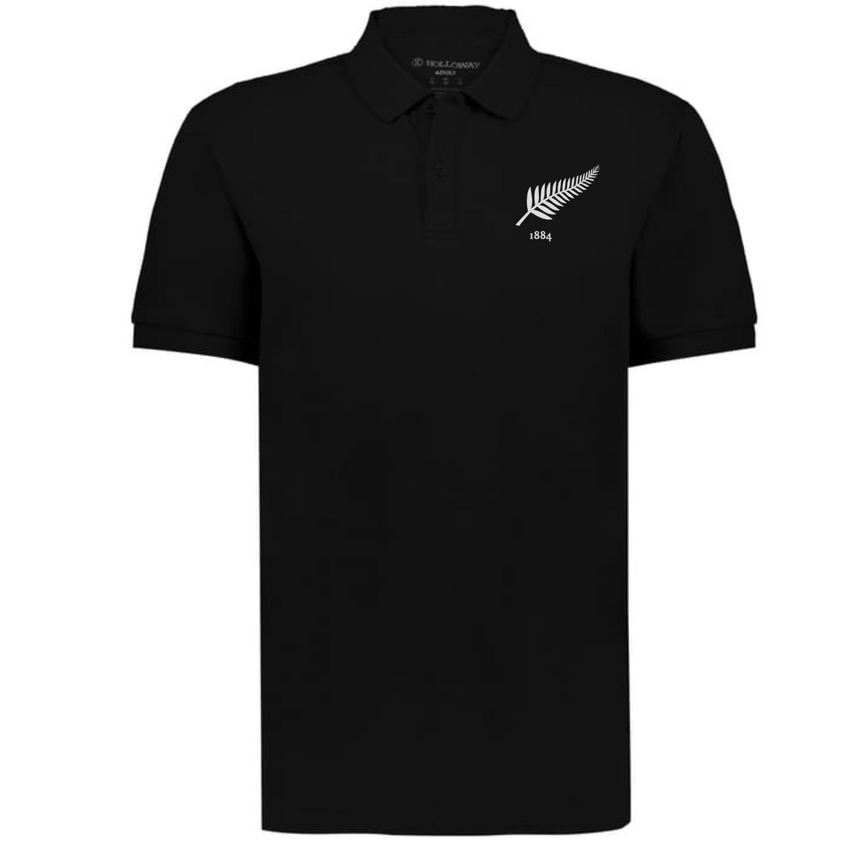 The EMB Augusta Nations of Rugby New Zealand Vintage Polo is a black cotton pique shirt with a white fern emblem and "1884" on the left chest, delivering a classic rugby look.
