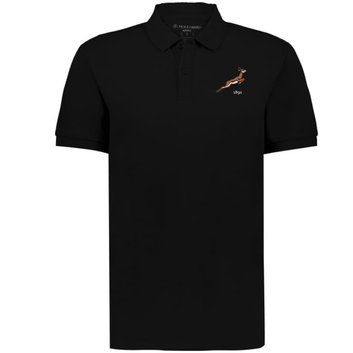 The Nations of Rugby South Africa Vintage Polo by EMB Augusta is a black cotton pique short-sleeve shirt with a small embroidered running antelope and "skyi" text on the left chest, inspired by classic rugby shirt styles.