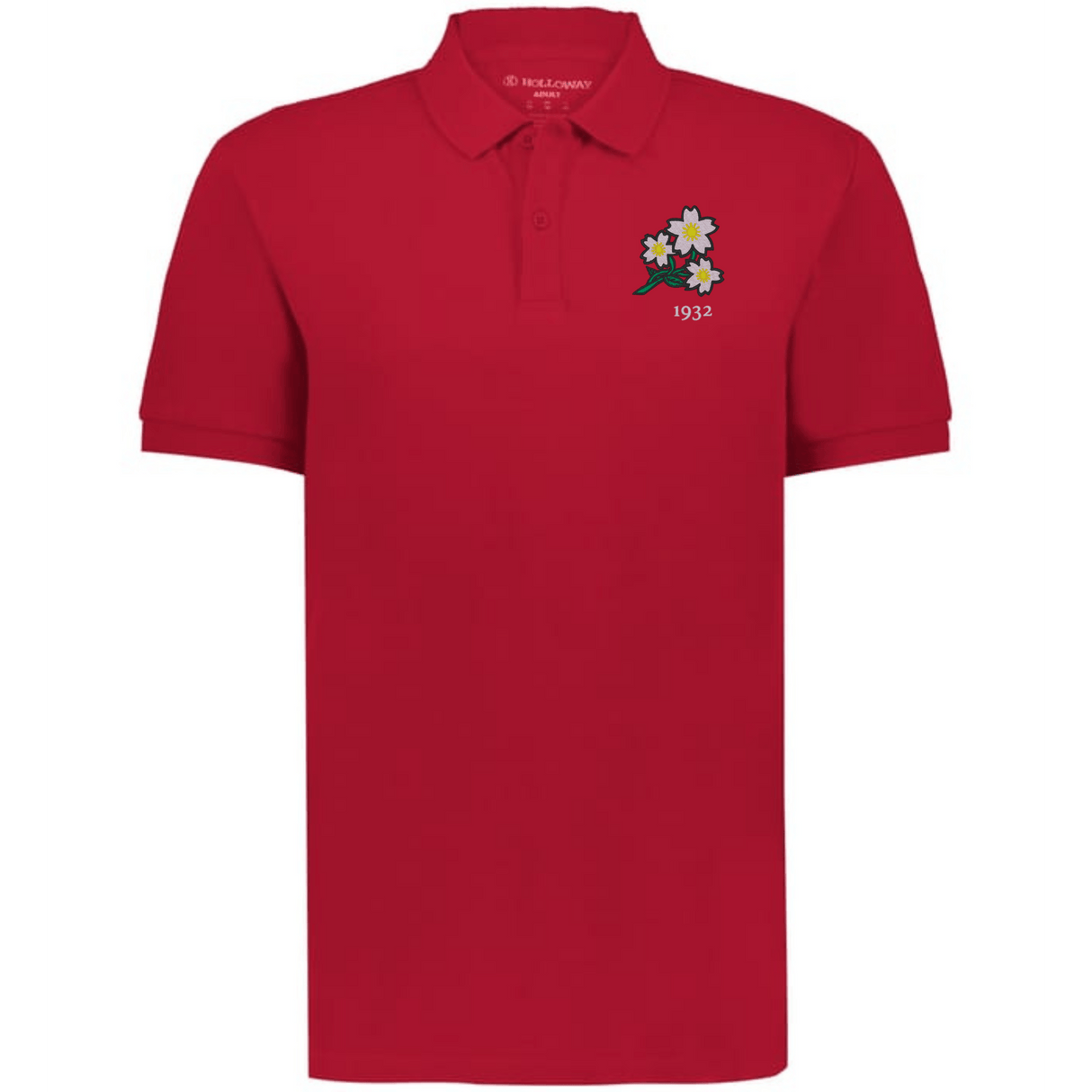 The EMB Augusta Nations of Rugby Japan Vintage Polo is a red cotton shirt featuring a small floral embroidery and "1932" on the left chest, inspired by classic rugby styles.