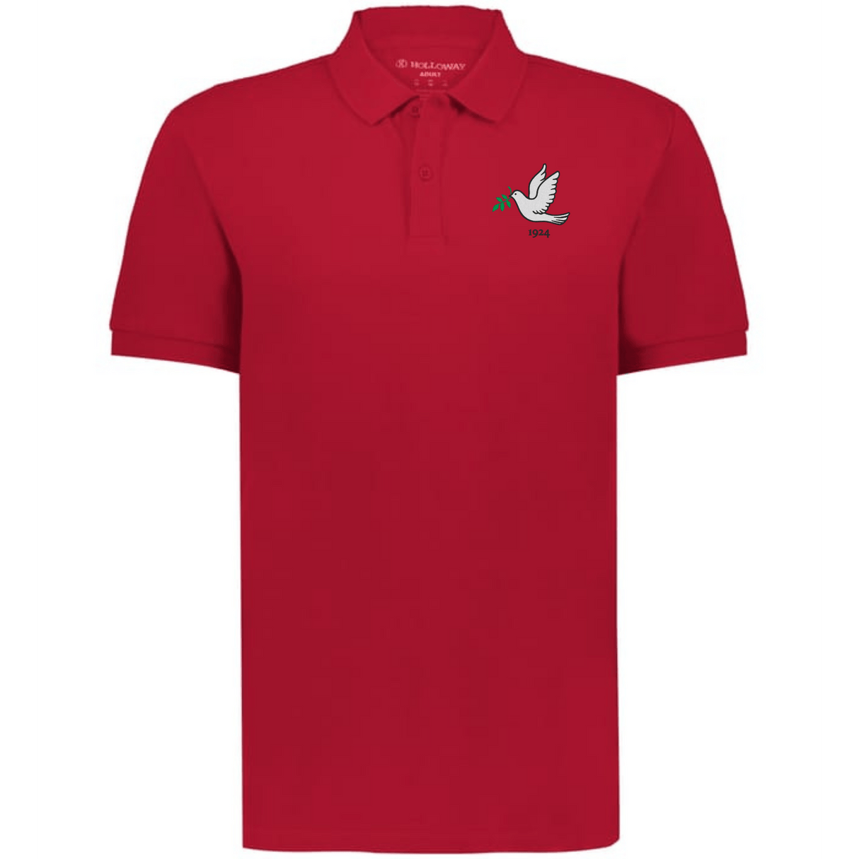 The EMB Augusta Nations of Rugby Tonga Vintage Polo is a red collared shirt inspired by vintage rugby, featuring a white dove with a green olive branch and "1954" embroidered on the left chest.