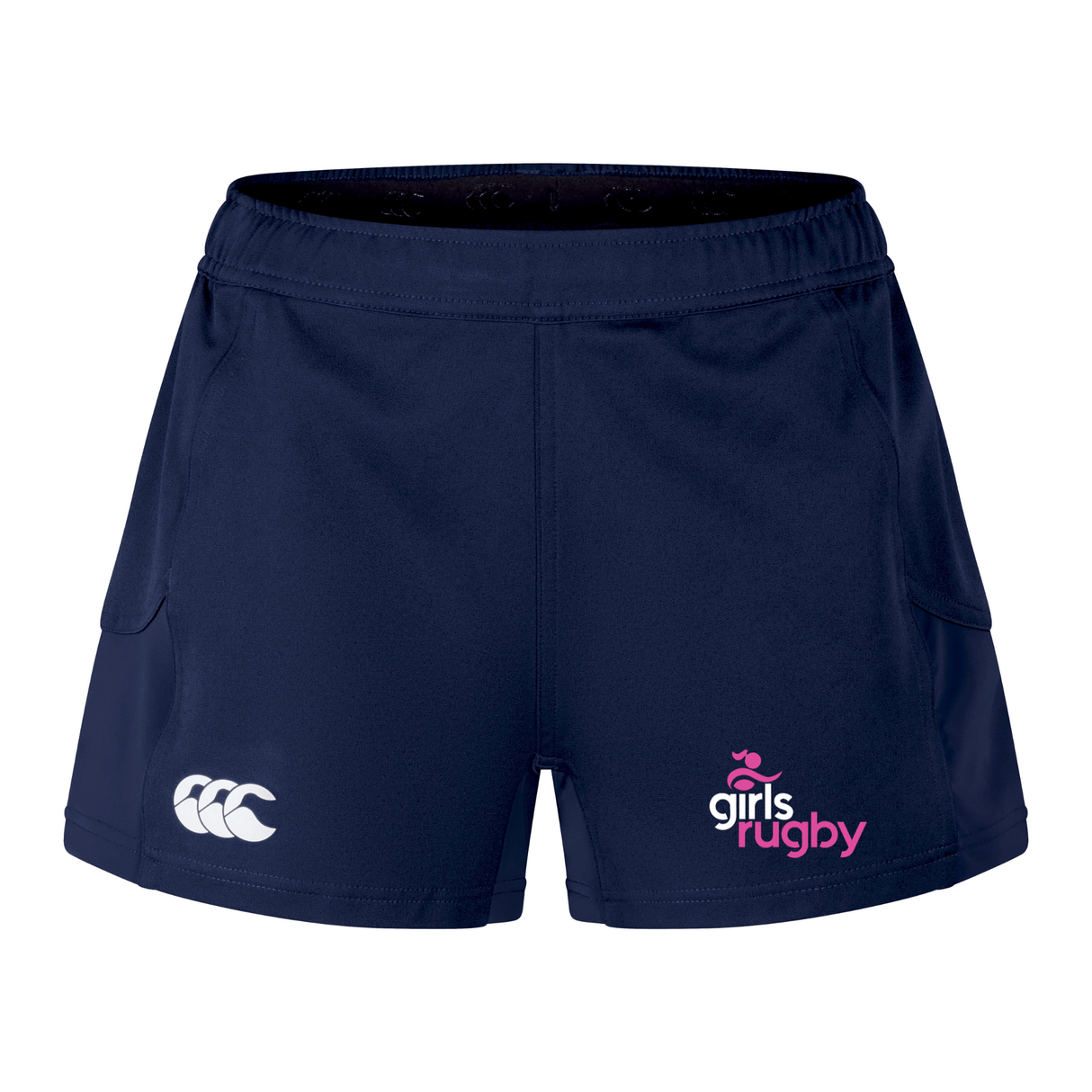 Navy Girls Rugby Women's Advantage Short 2.0 by EMB Canterbury, featuring "girls rugby" and Canterbury logos on the front.