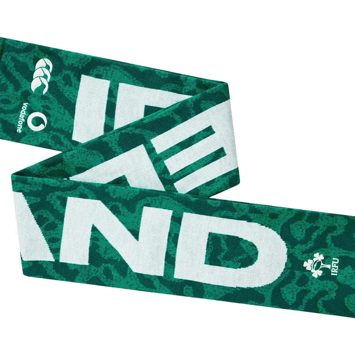 The Ireland 25/26 Scarf by Canterbury is a green and white official Ireland rugby scarf featuring the IRFU logo, sponsor logos, and bold text on a stylish patterned background—perfect for any Ireland rugby fan.