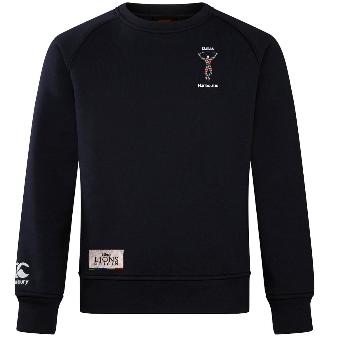 The Dallas Harlequins Lions Origin Club Crew Sweatshirt by EMB Canterbury features a chest logo, embroidered CCC sleeve logo, Lions Origin patch near the hem, and offers ultra-soft comfort and style.