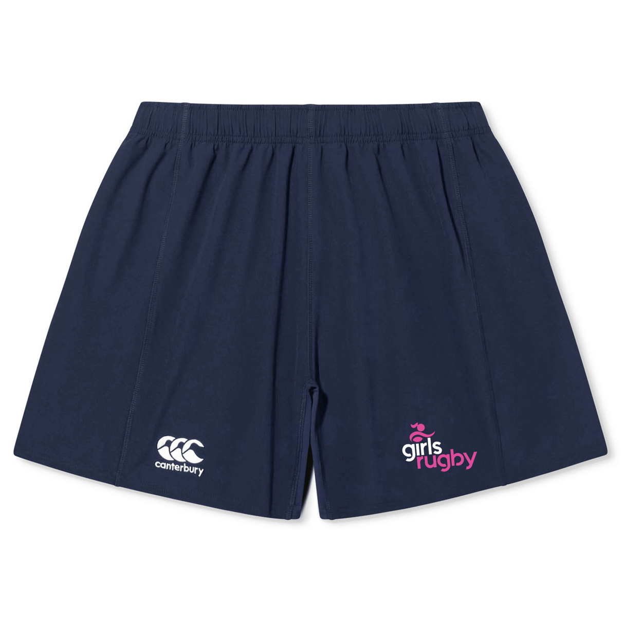 The Girls Rugby Yokohama Short by EMB Canterbury features navy blue fabric, an elastic waistband, the Canterbury rugby logo on the left leg, and a "girls rugby" logo on the right leg.