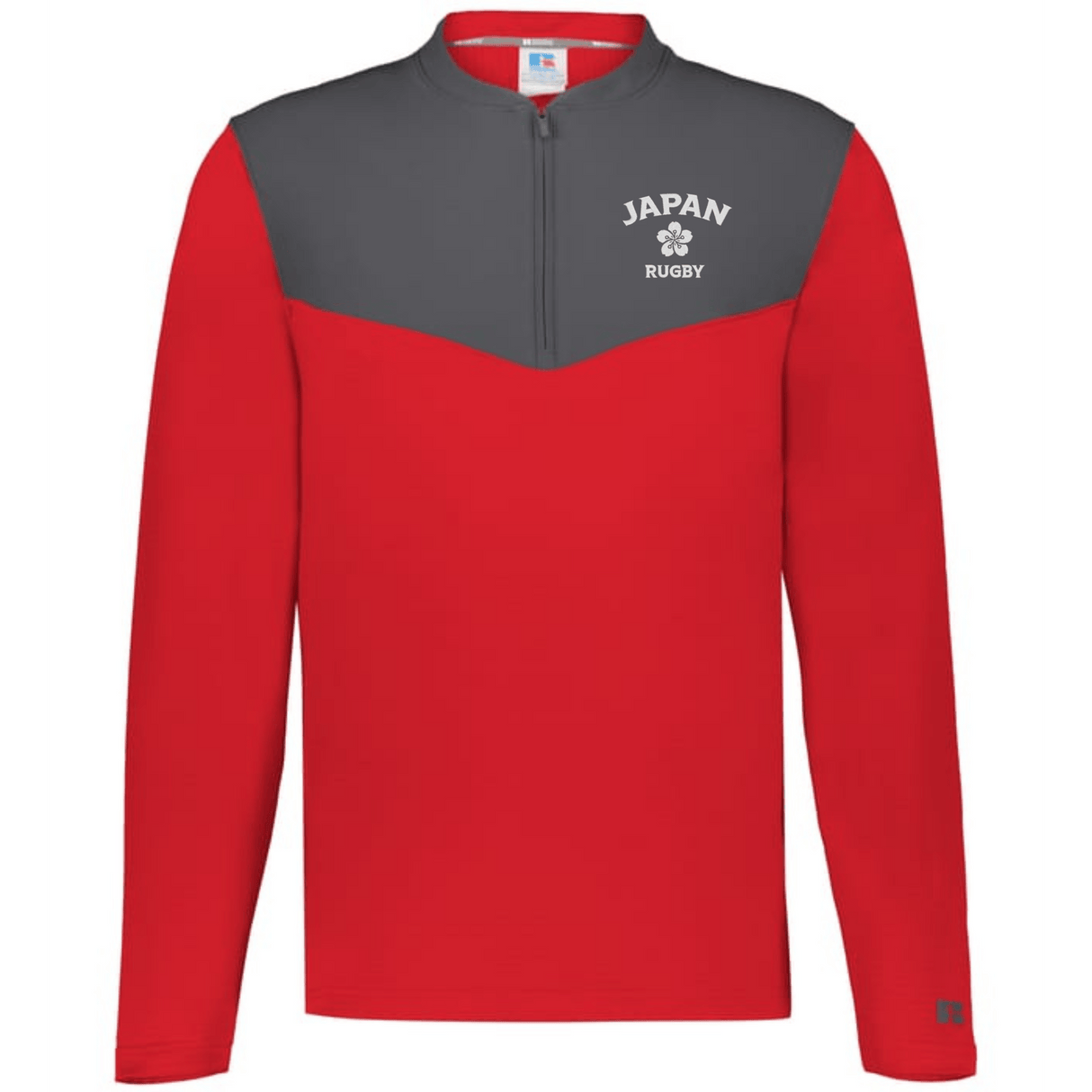 The EMB Augusta Nations of Rugby Japan Sideline Grid 1/4 Zip Pullover features red and gray long sleeves, a quarter-zip collar, and "JAPAN RUGBY" with a cherry blossom emblem printed on the left chest.