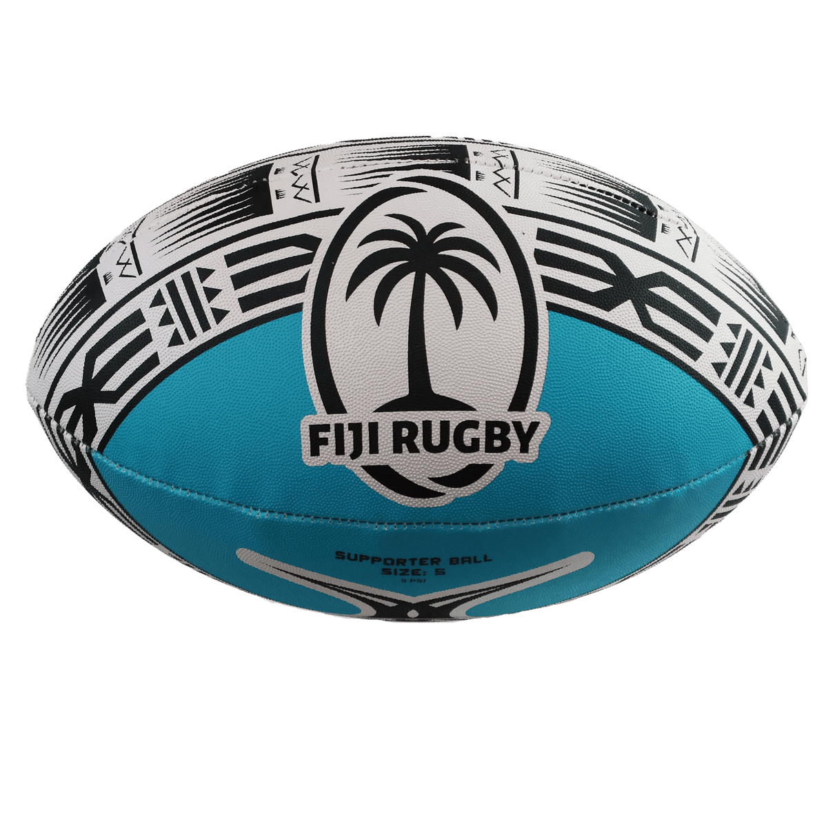 The Fiji Rugby Supporters Ball by Gilbert features a black and white tribal design, blue panel accents, and the "Fiji Rugby" palm tree logo—ideal for fans.