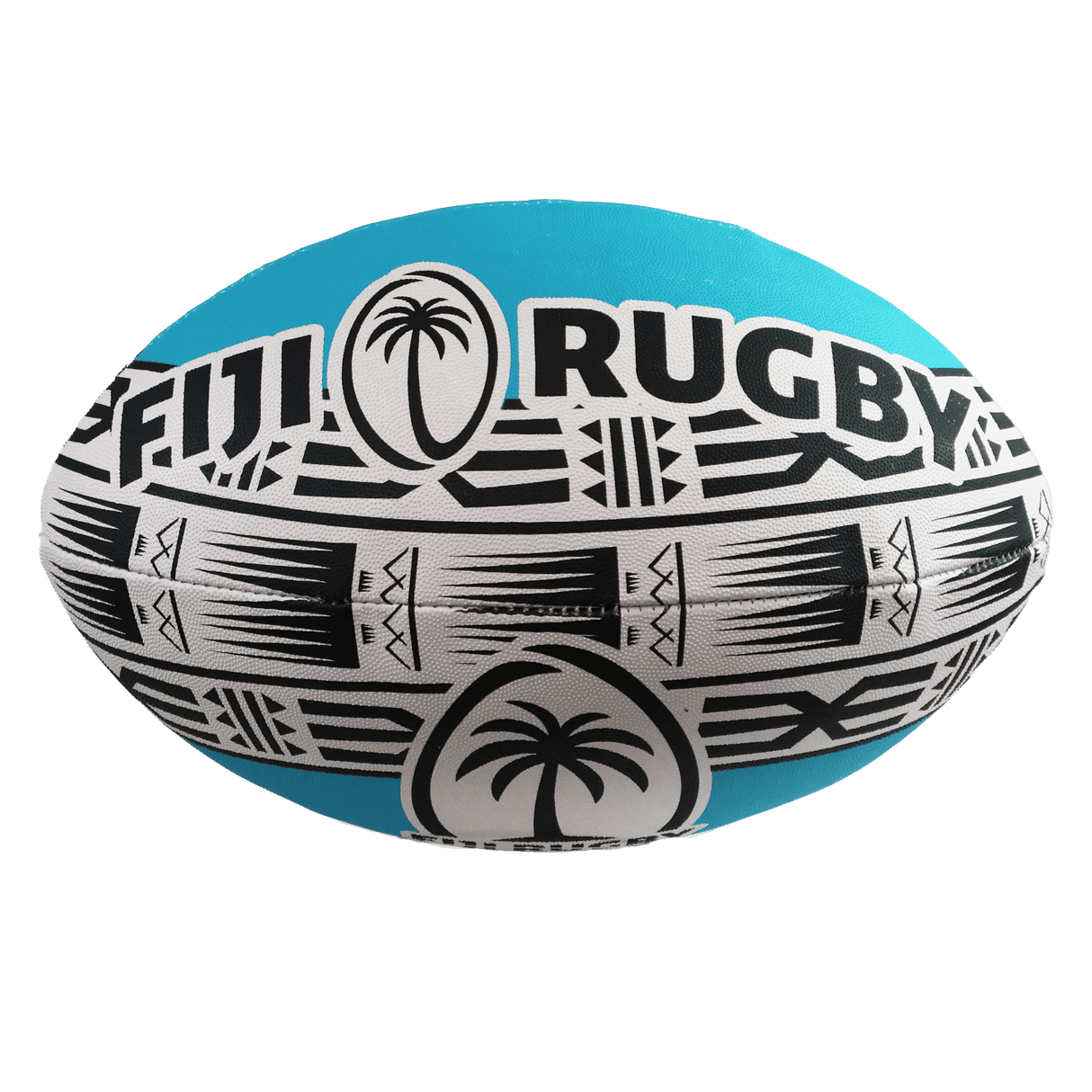 The Fiji Rugby Supporters Ball by Gilbert is a size 5 blue and white ball with black tribal patterns, "FIJI RUGBY" text, and a palm tree logo—a top supporter’s item from Gilbert.