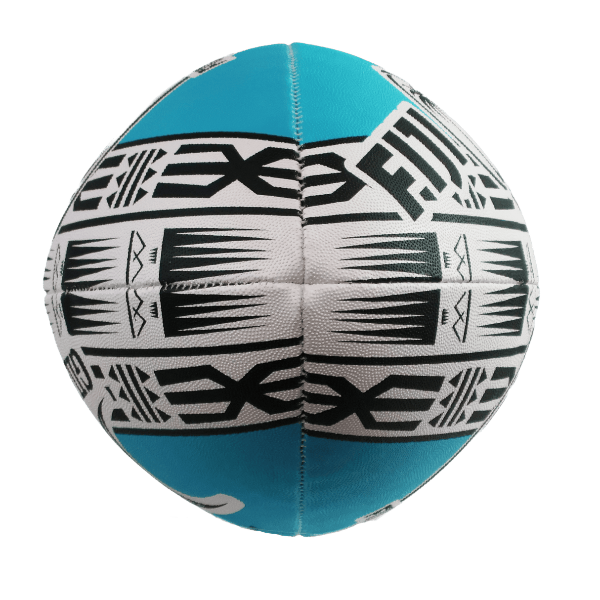 The Fiji Rugby Supporters Ball by Gilbert is a size 5 blue and white rugby ball with black geometric and tribal-inspired designs, proudly displaying "Fiji"—ideal for passionate Fiji Rugby fans.