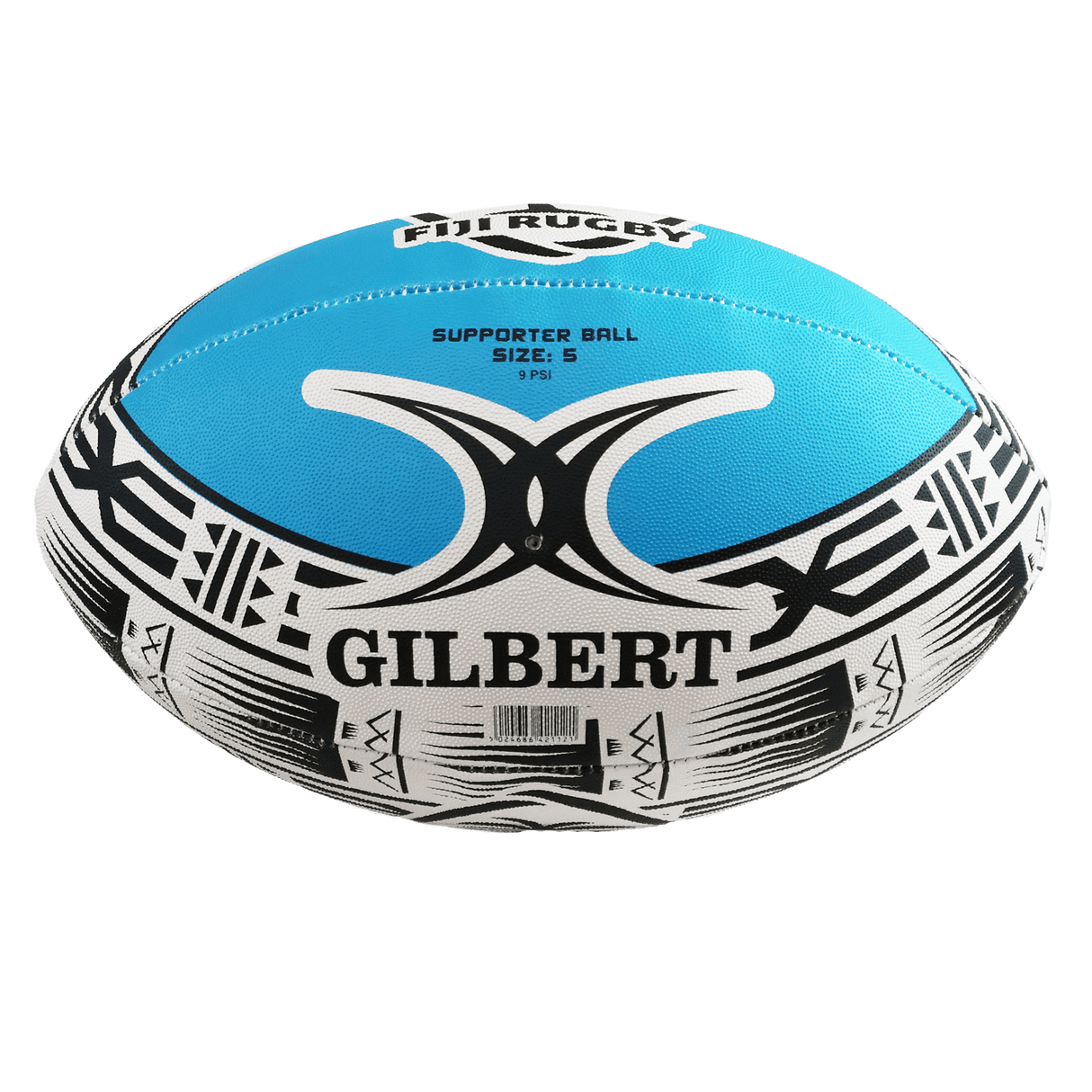 The Fiji Rugby Supporters Ball by Gilbert is a size 5 blue and white rugby ball with "Fiji Rugby" text and tribal patterns—ideal for Fiji Rugby fans.
