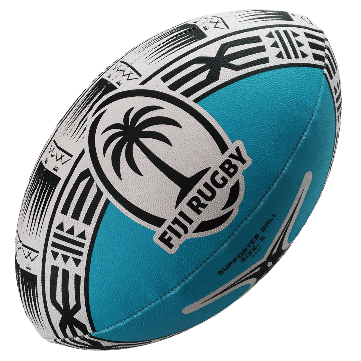 The Fiji Rugby Supporters Ball by Gilbert features blue and white colors, a palm tree logo, "Fiji Rugby" text, and black geometric patterns—ideal as a size 5 ball for passionate Fiji Rugby fans.