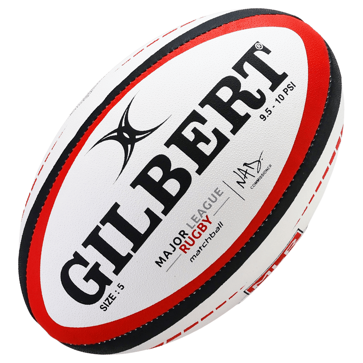 The MLR Match Ball by Gilbert is a white size 5 rugby ball with red and black accents, featuring the Major League Rugby logo—ideal as an official match ball.