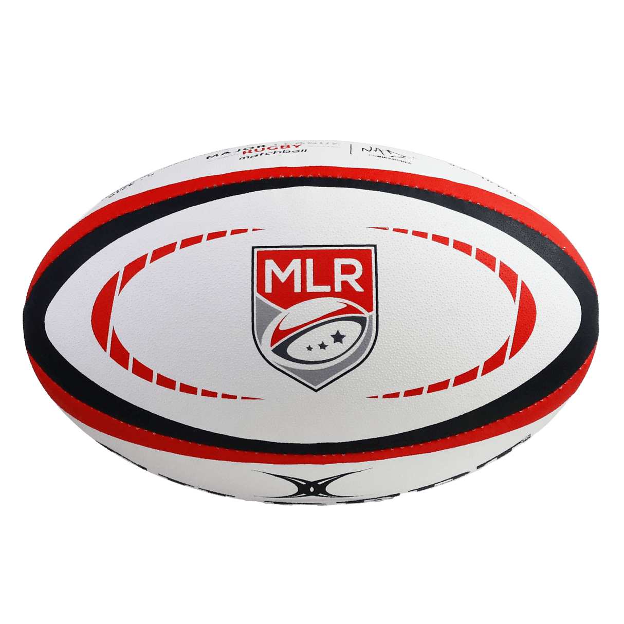The Gilbert MLR Match Ball is a white rugby ball with red and black accents, featuring the Major League Rugby logo at its center—a replica of the official MLR match ball.