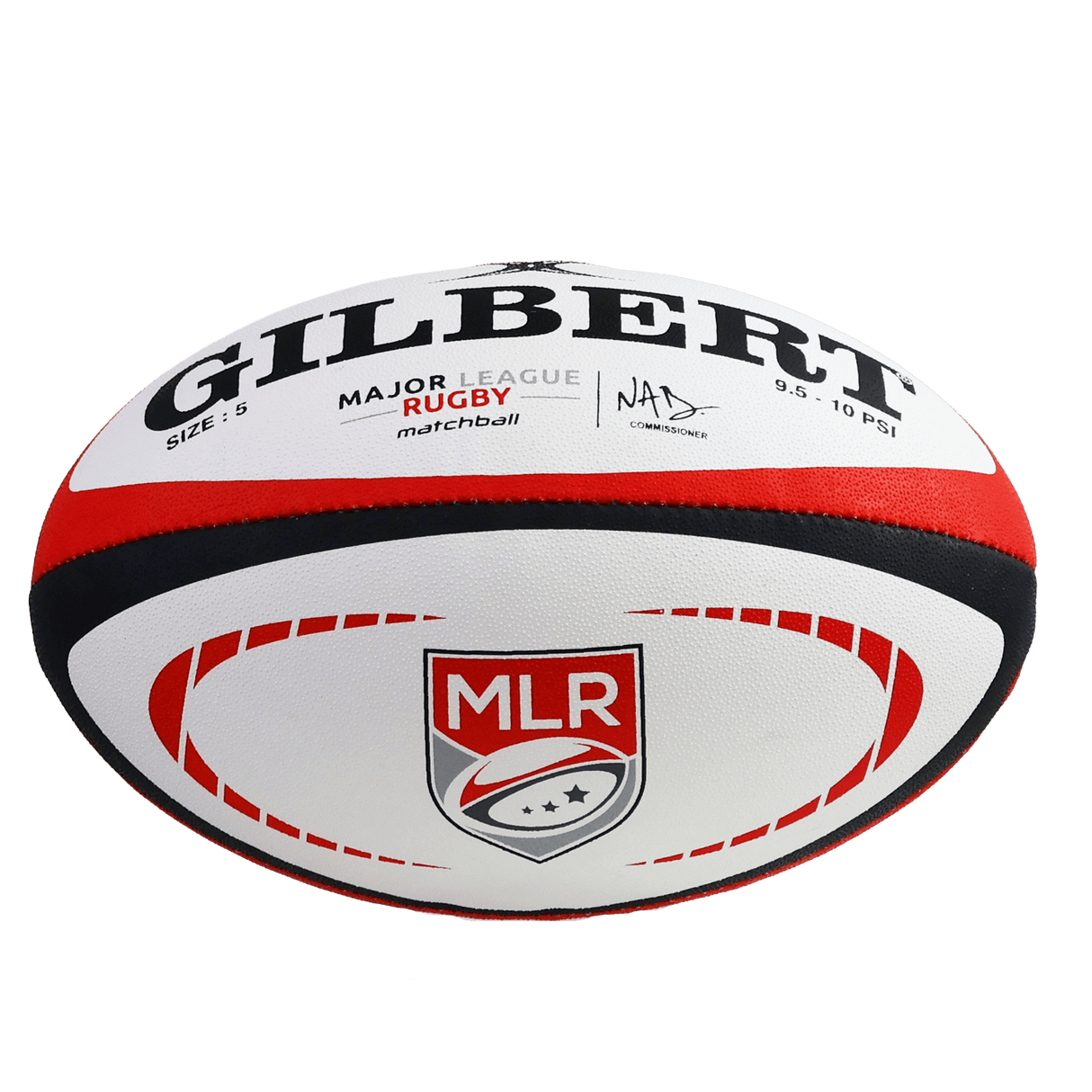 The MLR Match Ball by Gilbert, size 5, features bold red, white, and black colors with "Major League Rugby" branding—this official Gilbert match ball stands out against a plain background.