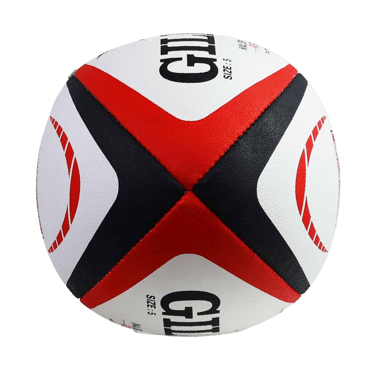 A white, red, and black stitched MLR Match Ball by Gilbert with "GILE" and "SIZE: 5" on its surface, reflecting the dynamic style of a Major League Rugby match ball from the brand Gilbert.
