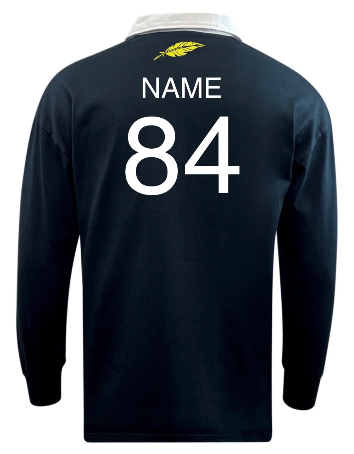 Back view of a navy blue EMB Mudoo Classic Long Sleeve Solid Rugby Jersey featuring the number 84 and the placeholder text "Montgomery Yellowhammers" at the top, with a yellow feather logo on the collar.