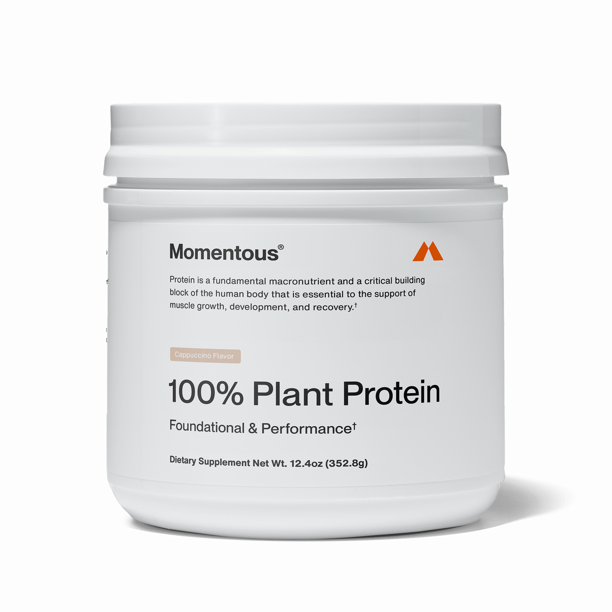 White container of Momentous 100% Plant Protein Powder - Limited Edition Flavor, featuring text on foundational and performance benefits. Net weight: 12.4 oz (352.8 g).