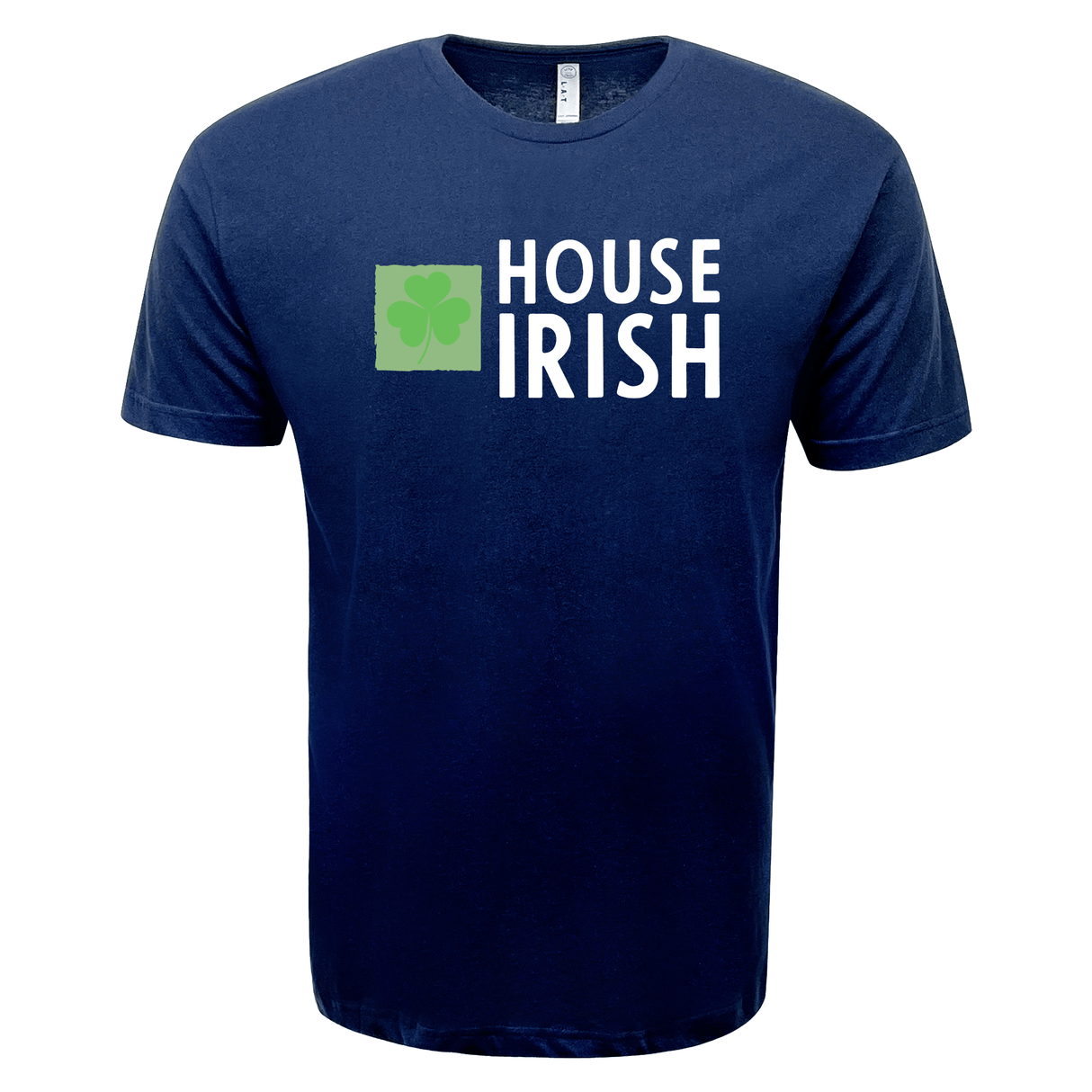 Navy blue WRS LAT Charlotte Cardinals House Irish Supersoft Tee, featuring a clover graphic and "Charlotte Cardinals House Irish" text, offers a comfortable fit as a lightweight shirt.