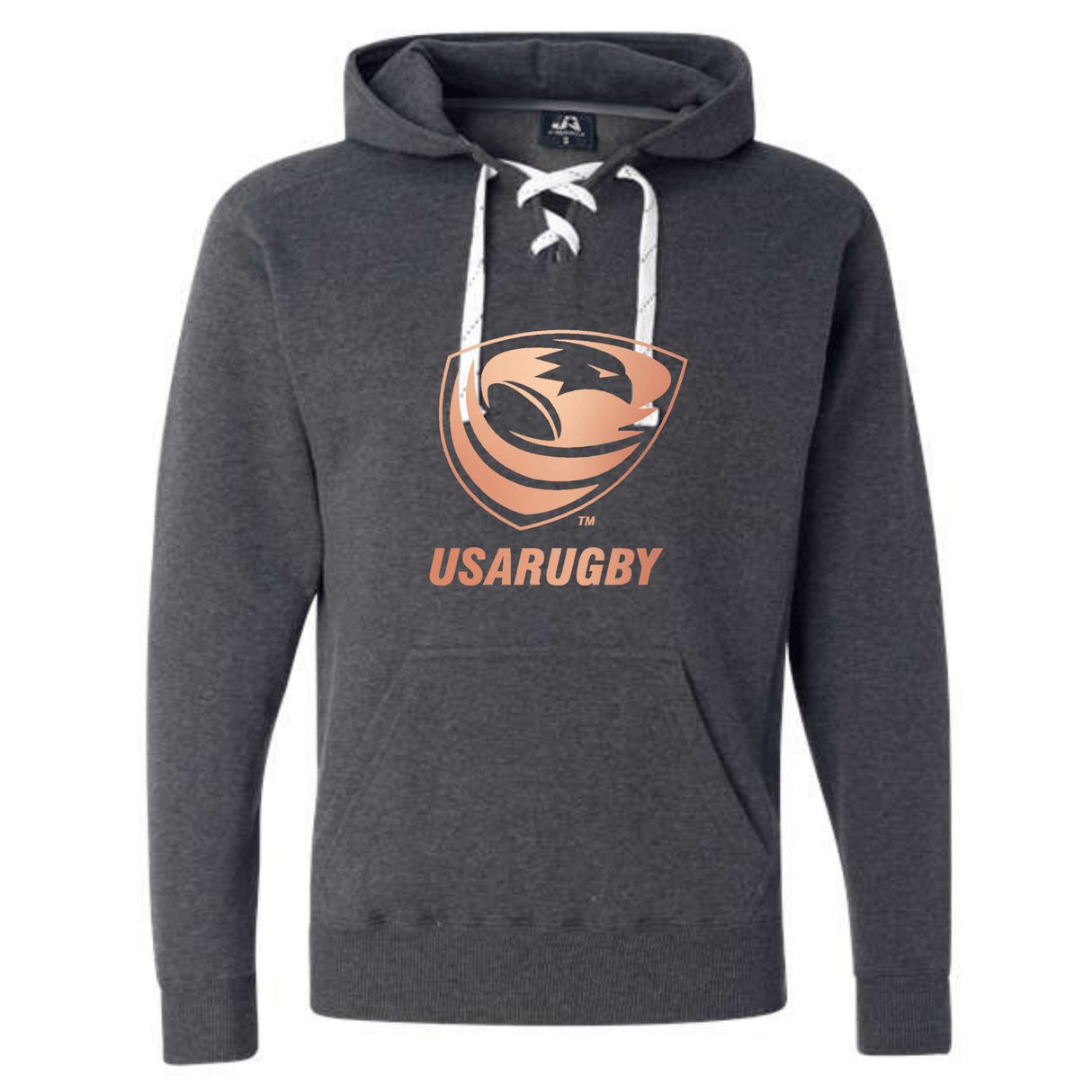 The WRS S&S Activewear USA Rugby Bronze Sport Laced Hockey Hoodie is dark gray with white drawstrings, featuring a stylized orange beaver logo and "USARUGBY" text on the front.