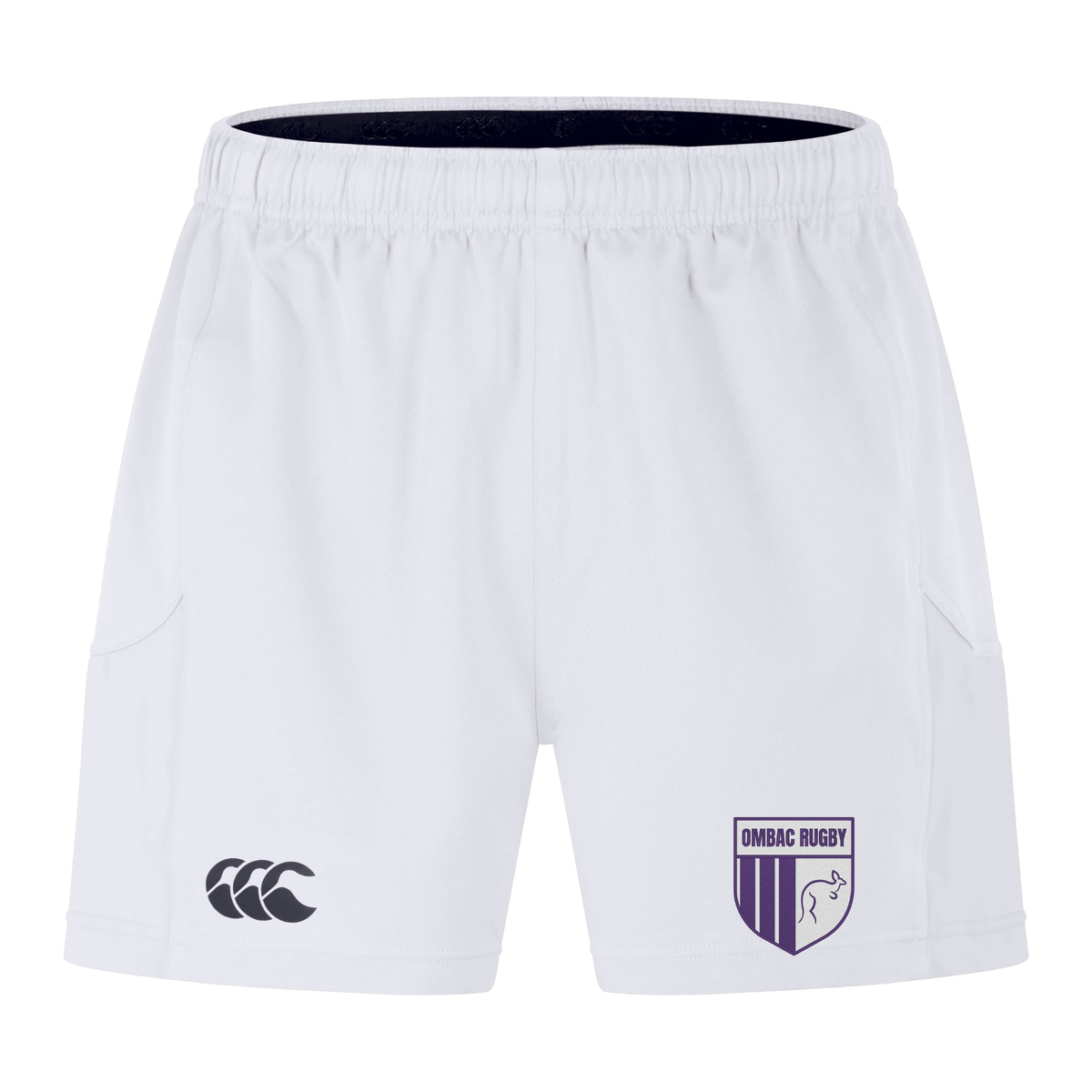 Bundle’s OMBAC Youth Rugby U10-U18 Training shorts feature an elastic waistband, black Canterbury logo (left leg), OMBAC crest (right leg), and Vapodri Technology for moisture wicking—ideal for rugby club training bundles.