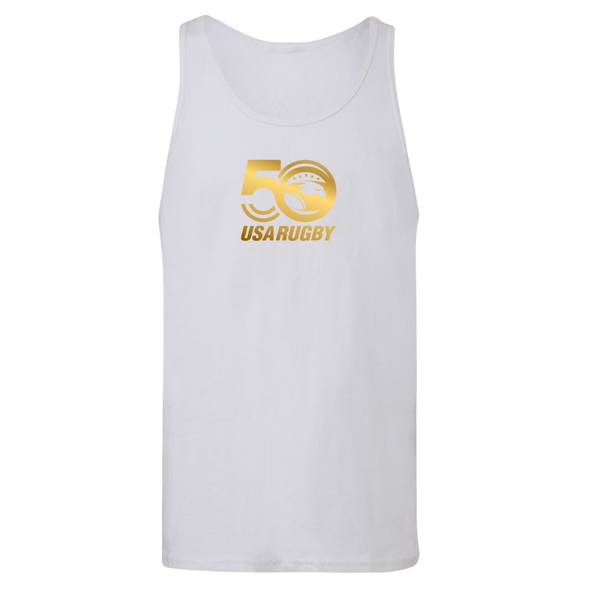 The WRS S&S Activewear USA Rugby 50th Anniversary Unisex Jersey Tank Top features a gold "50 USA Rugby" logo with a rugby ball design on the chest, celebrating 50 years of USA Rugby.