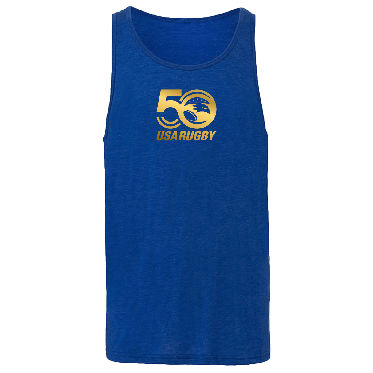 The WRS S&S Activewear USA Rugby 50th Anniversary Unisex Jersey Tank Top features a gold "50 USA Rugby" logo and stylized eagle head on the front, celebrating 50 years of USA Rugby.