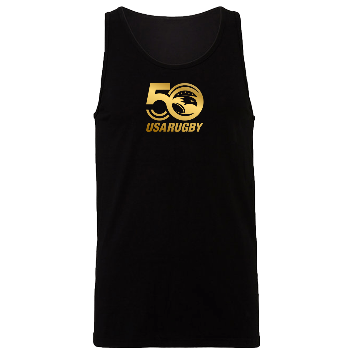 The WRS S&S Activewear USA Rugby 50th Anniversary Unisex Jersey Tank Top features a gold "50 USA Rugby" logo with an eagle head, celebrating 50 years, centered on the chest.