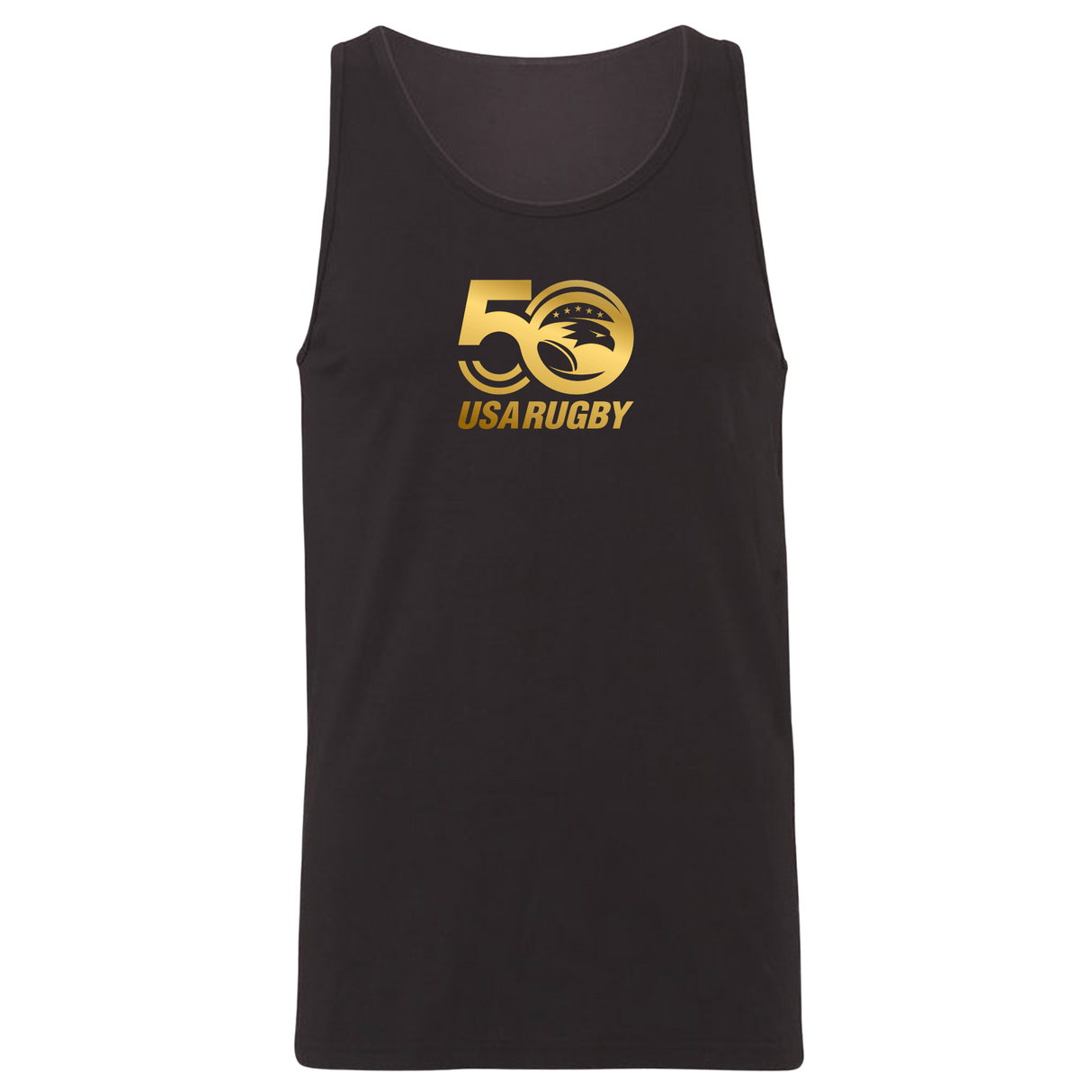 The USA Rugby 50th Anniversary Unisex Jersey Tank Top by WRS S&S Activewear features a gold "50 USA Rugby" logo with a rugby ball and eagle silhouette on the chest, celebrating 50 years of USA Rugby.