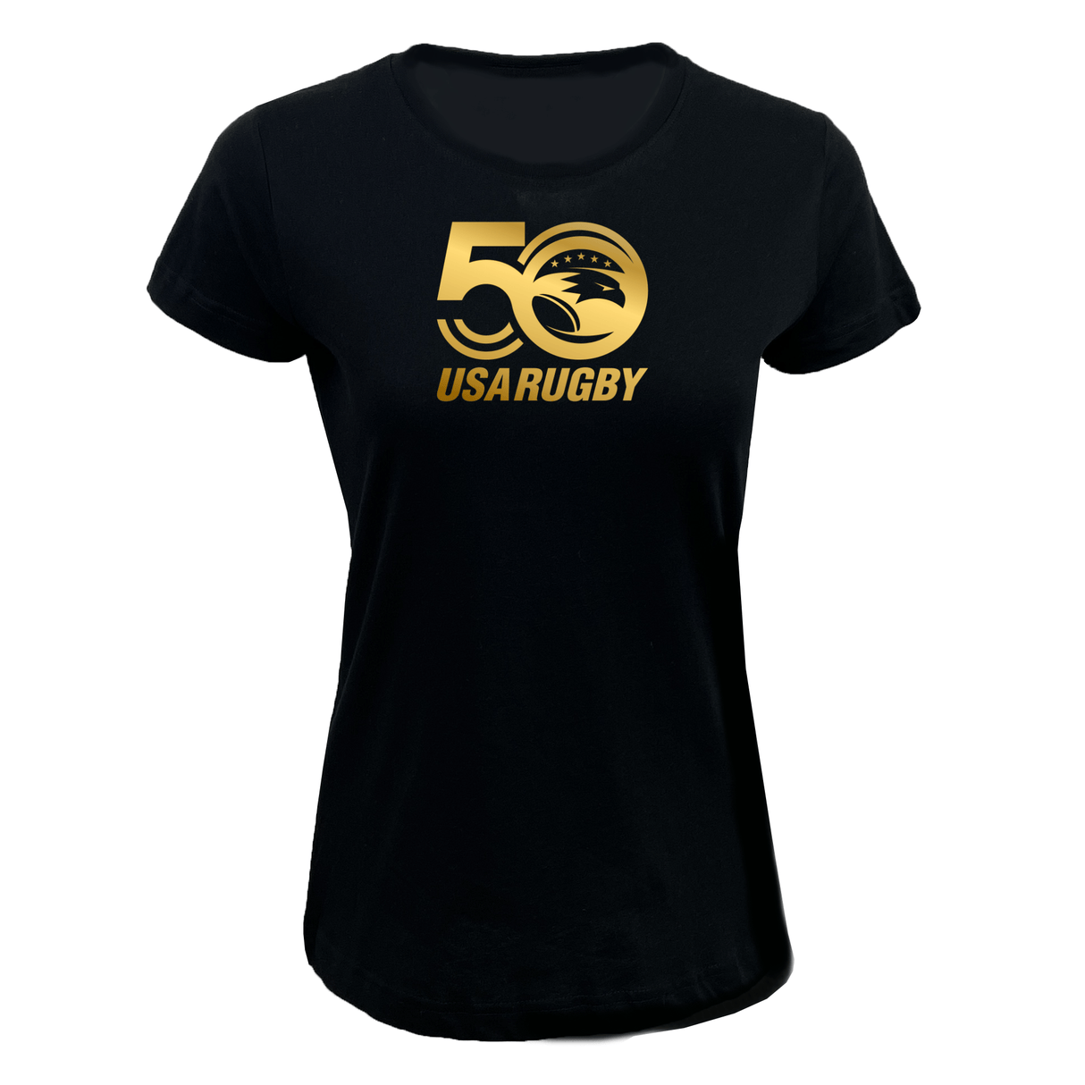Celebrate in style with the Women's USA Rugby 50th Anniversary Supersoft T-Shirt by WRS LAT, featuring a striking gold "50 USA RUGBY" logo on the front.