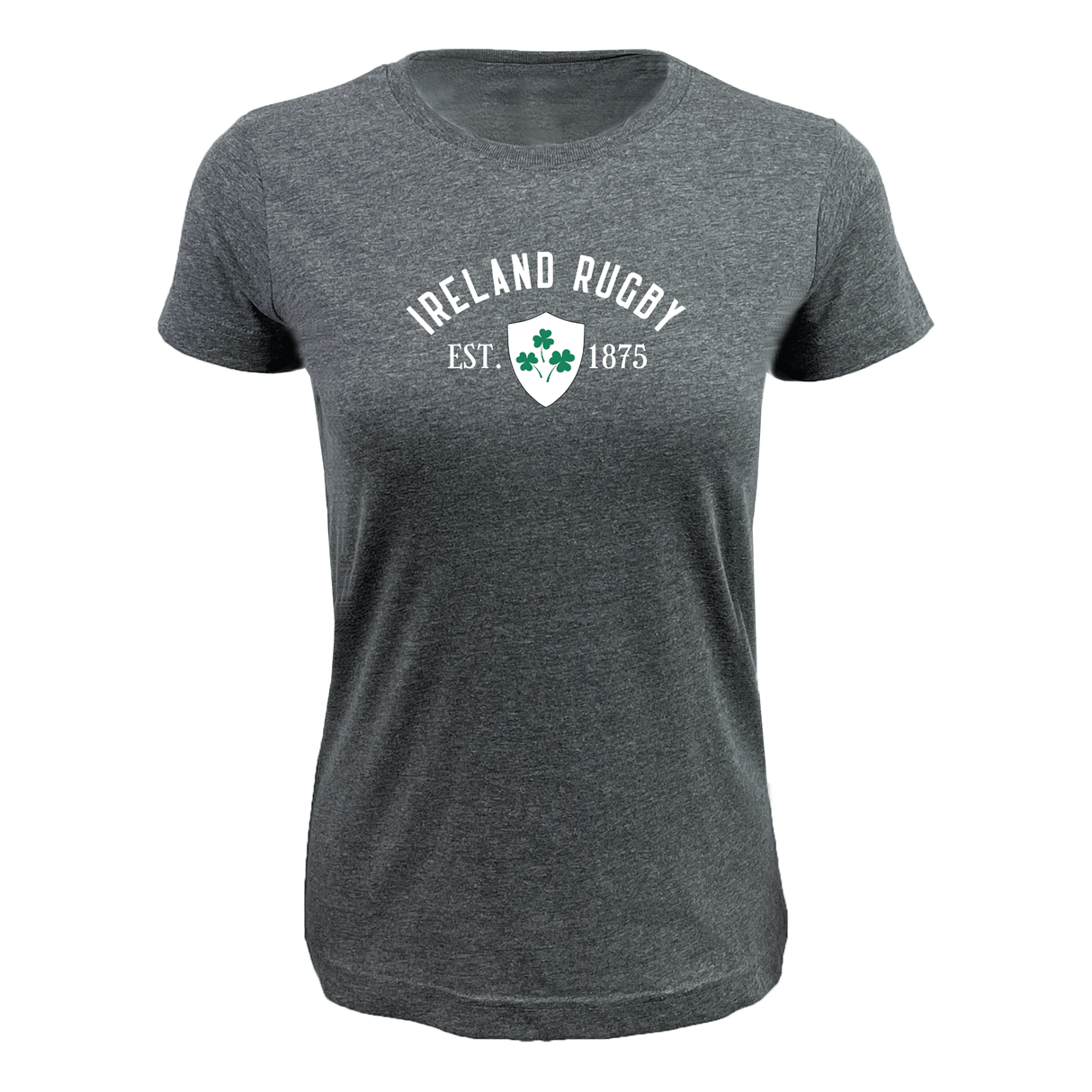 The EMB LAT Women's Ireland Rugby Est 1875 Supersoft Tee is a grey short-sleeve shirt with "Ireland Rugby EST. 1875" and a white shamrock crest printed on the chest.