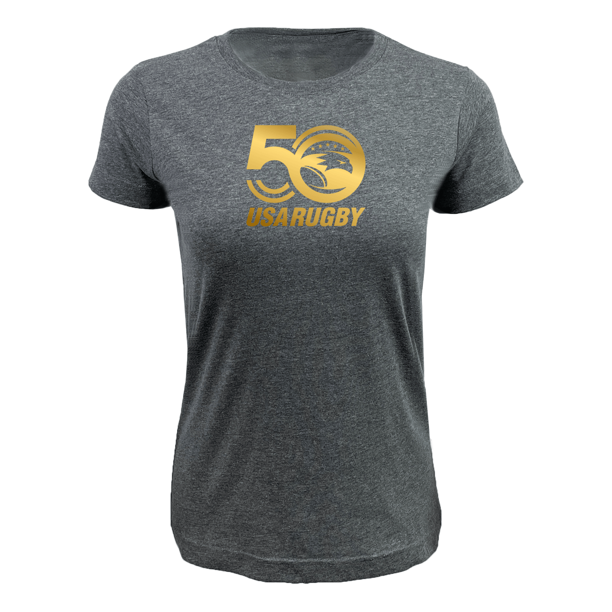 The WRS LAT Women's USA Rugby 50th Anniversary Supersoft T-Shirt in gray showcases a stylish and comfortable design with a gold "50 USA Rugby" logo on the front.