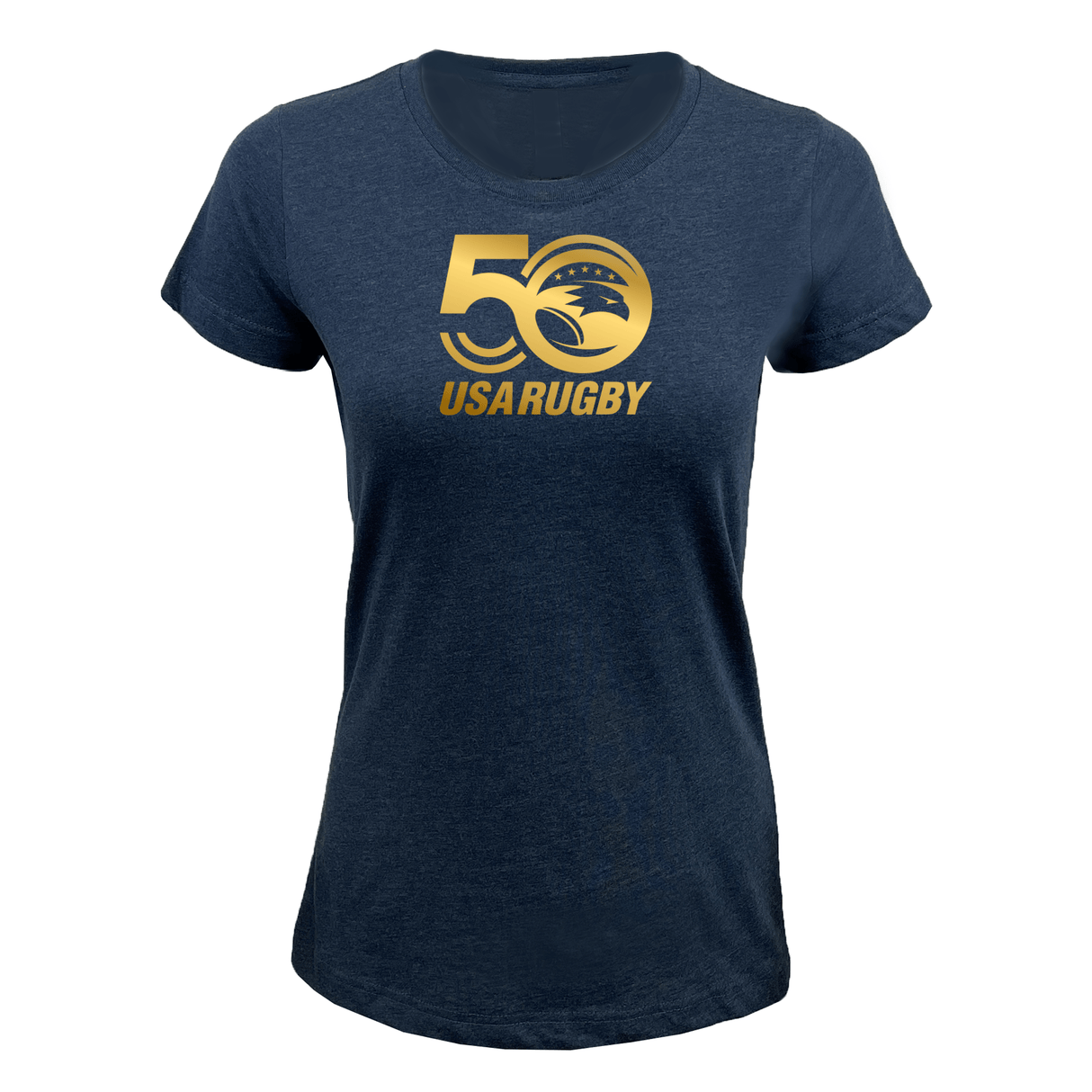 The WRS LAT Women's USA Rugby 50th Anniversary Supersoft T-Shirt in navy blue showcases a gold "50 USA Rugby" and stylized eagle on the chest.