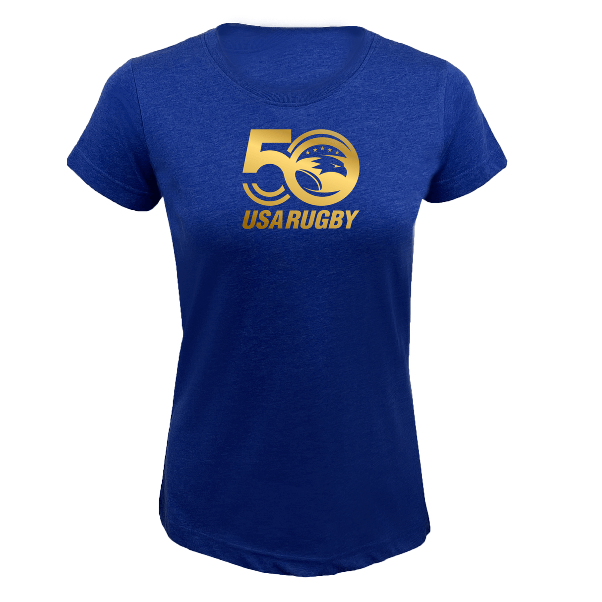 The WRS LAT Women's USA Rugby 50th Anniversary Supersoft T-Shirt is blue with a gold "50 USA RUGBY" logo on the front, celebrating Women's USA Rugby's 50th anniversary.