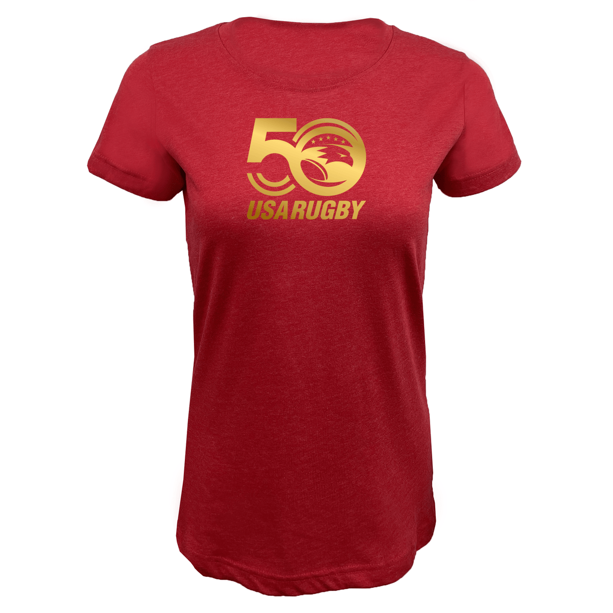 The Women's USA Rugby 50th Anniversary Supersoft T-Shirt by WRS LAT features "50 USA Rugby" in gold with a stylized eagle logo on red, celebrating the milestone. Made from ultra-comfortable fabric.