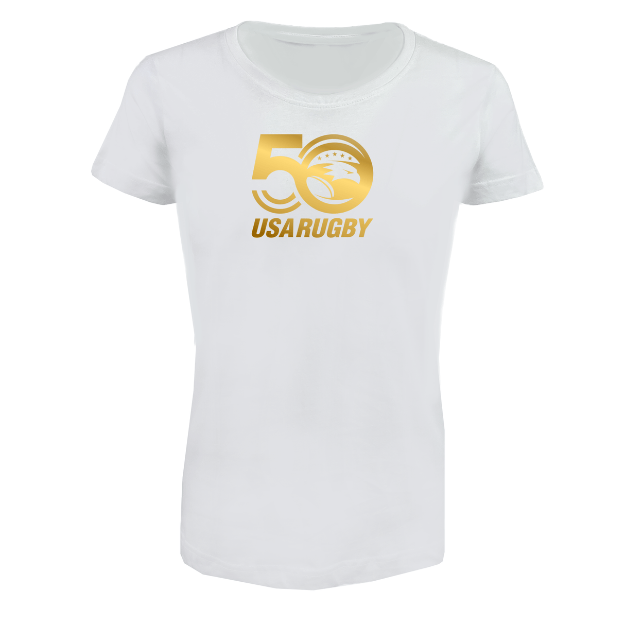Celebrate Women's USA Rugby with the Women's USA Rugby 50th Anniversary Supersoft T-Shirt from WRS LAT. This white tee features a gold "50 USA Rugby" design and an eagle graphic, honoring the 50th Anniversary.