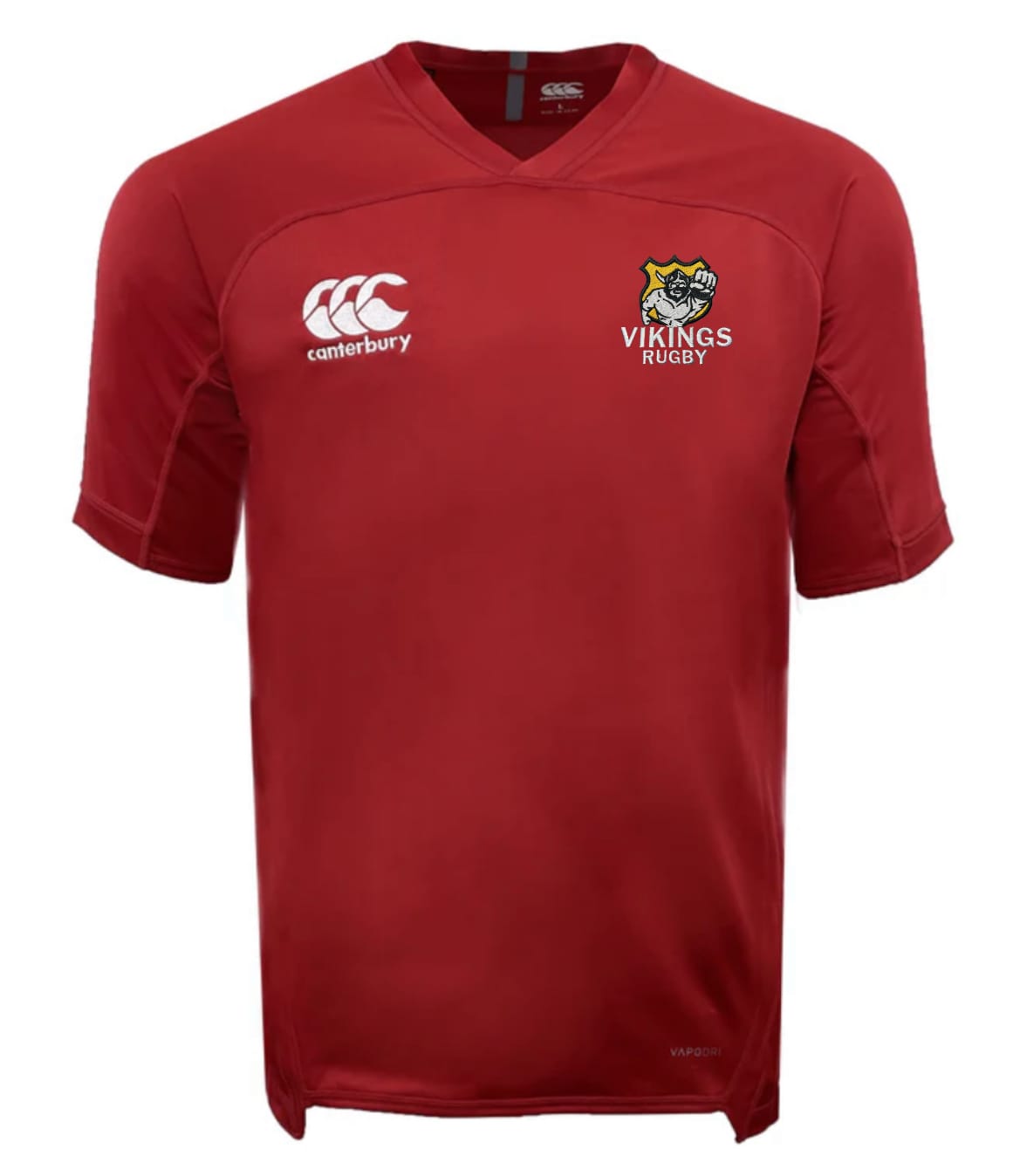 The EMB Canterbury Seattle Vikings Evader Jersey - Training Kit is a red short-sleeve rugby jersey with white Canterbury and Vikings Rugby logos on the chest.