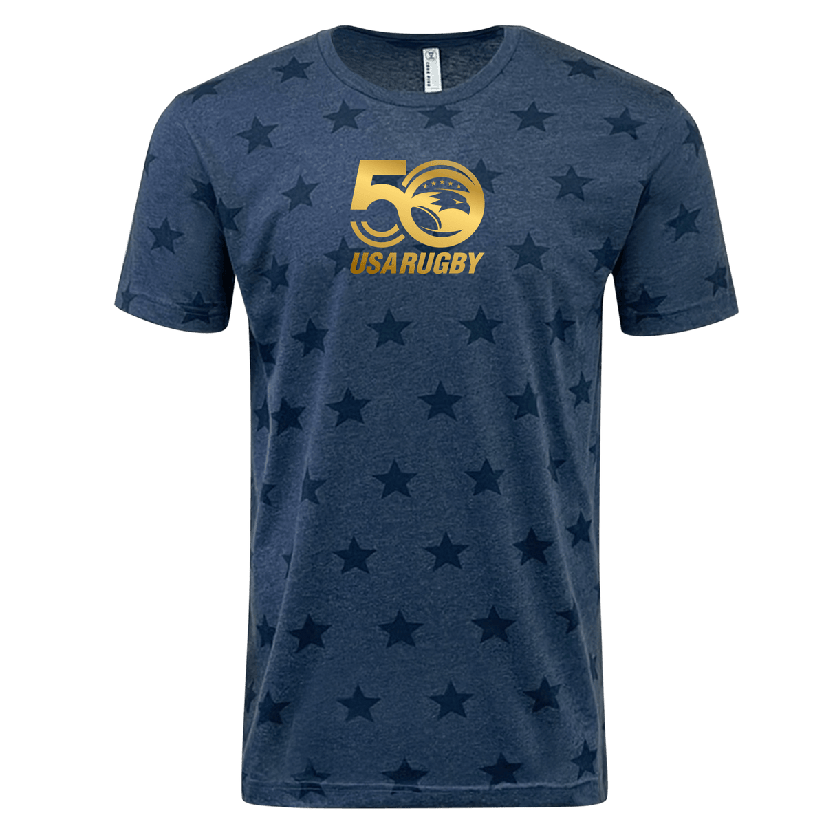 The USA Rugby 50th Anniversary Five Star Supersoft T-Shirt by WRS LAT features a dark star pattern on blue with a gold "50 USA RUGBY" logo. Celebrate the 50th Anniversary of USA Rugby in style and comfort.