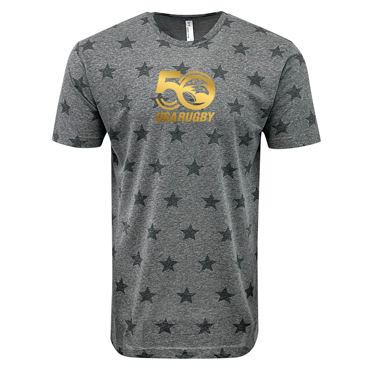 The WRS LAT USA Rugby 50th Anniversary Five Star Supersoft T-Shirt features a gray design with a black star pattern and gold "50 USA Rugby" logo.