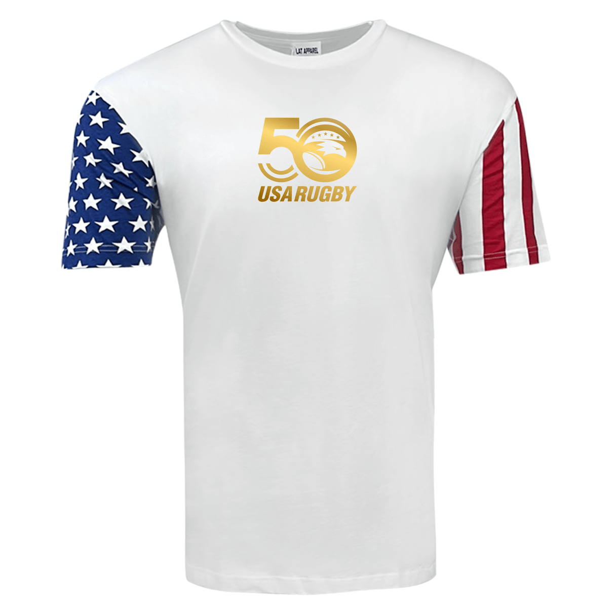 The WRS LAT USA Rugby 50th Stars and Stripes Supersoft T-Shirt has a "50 USA Rugby" logo on the front, with one sleeve showcasing a blue field with white stars and the other displaying classic red and white stripes.