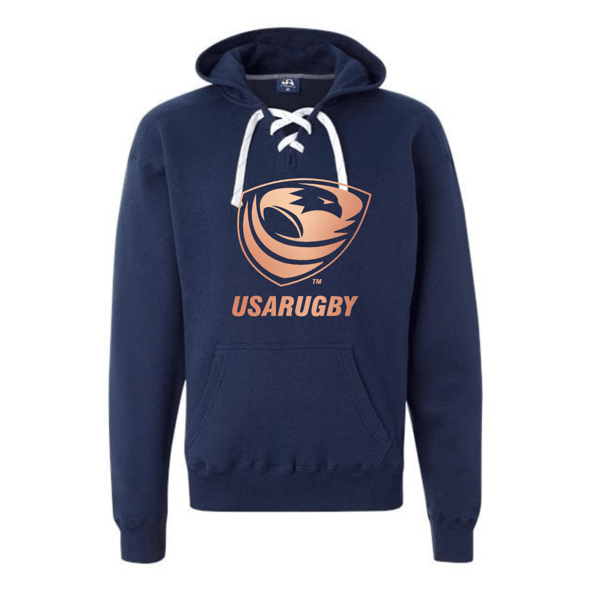 The USA Rugby Bronze Sport Laced Hockey Hoodie by WRS S&S Activewear is navy blue and features a stylized eagle head logo with "USARUGBY" in orange on the front.